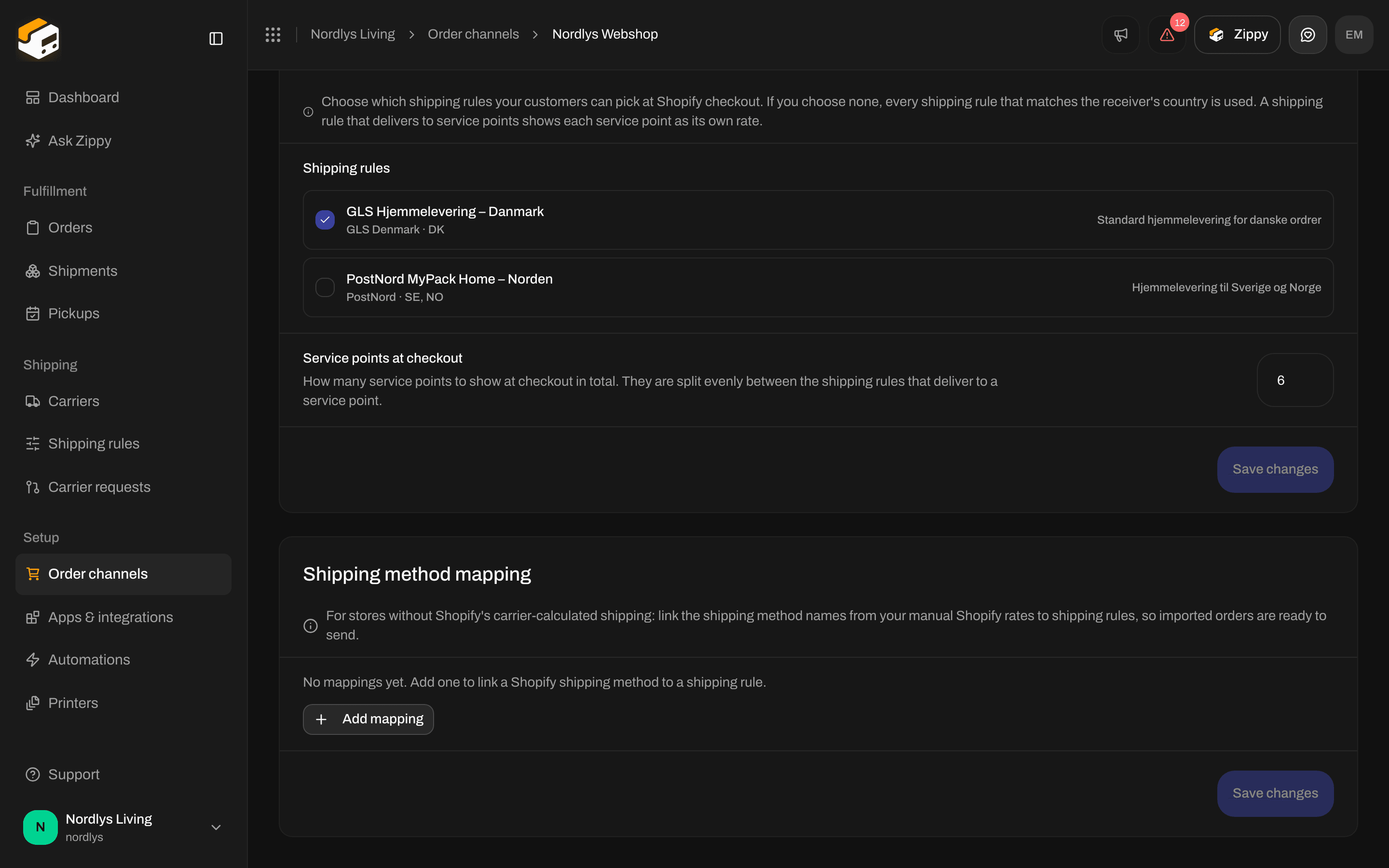 Shipping method mapping section with No mappings yet and an Add mapping button