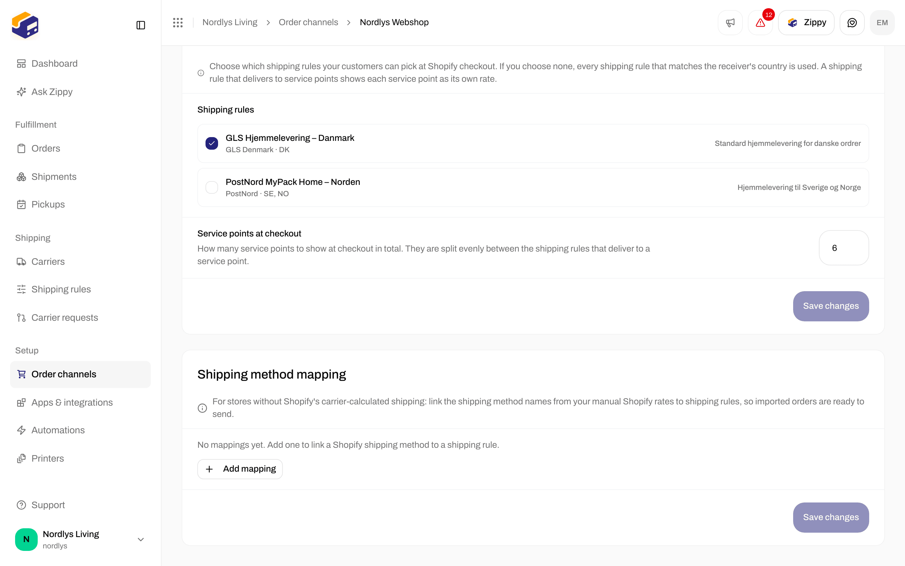 Shipping method mapping section with No mappings yet and an Add mapping button