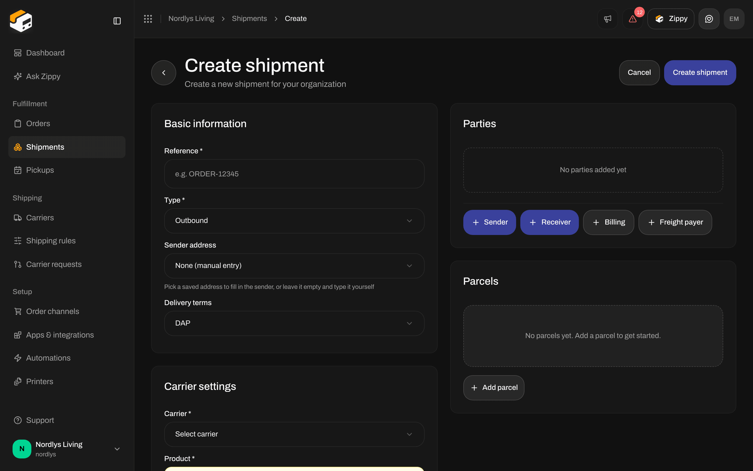 Create shipment form with Basic information, Carrier settings, Printer settings, Parties, and Parcels
