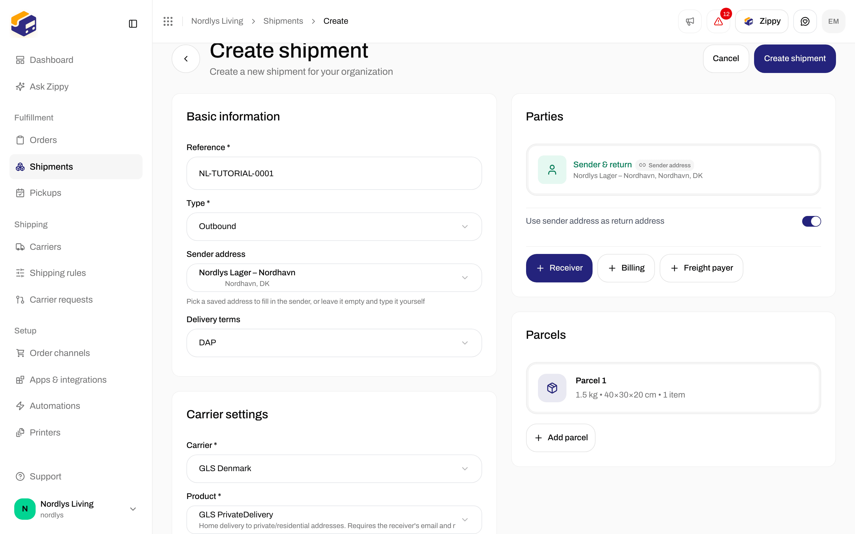 Create shipment form filled in with a reference, a sender address, GLS PrivateDelivery, and one parcel