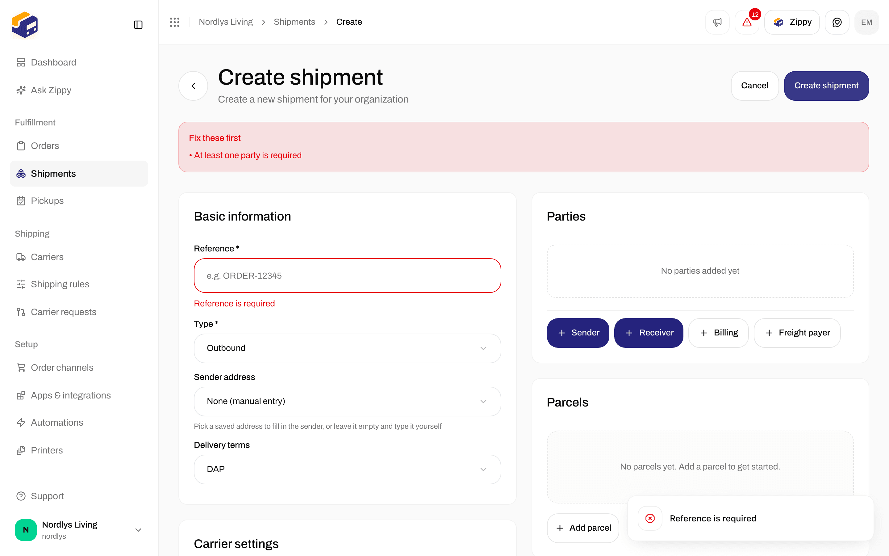 Create shipment form showing Reference is required and At least one party is required
