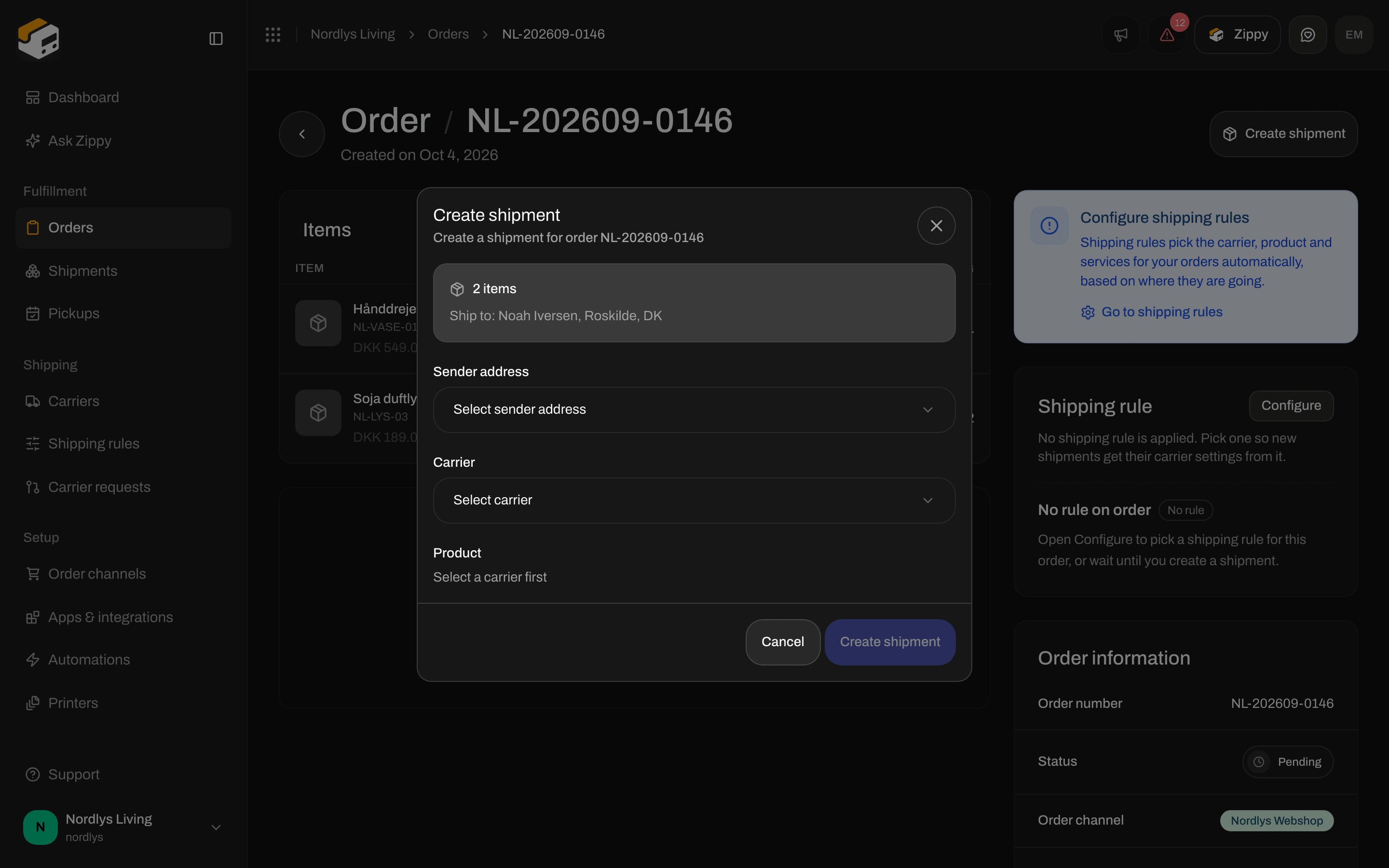 Create shipment window showing the item count, the ship-to address, and the carrier fields