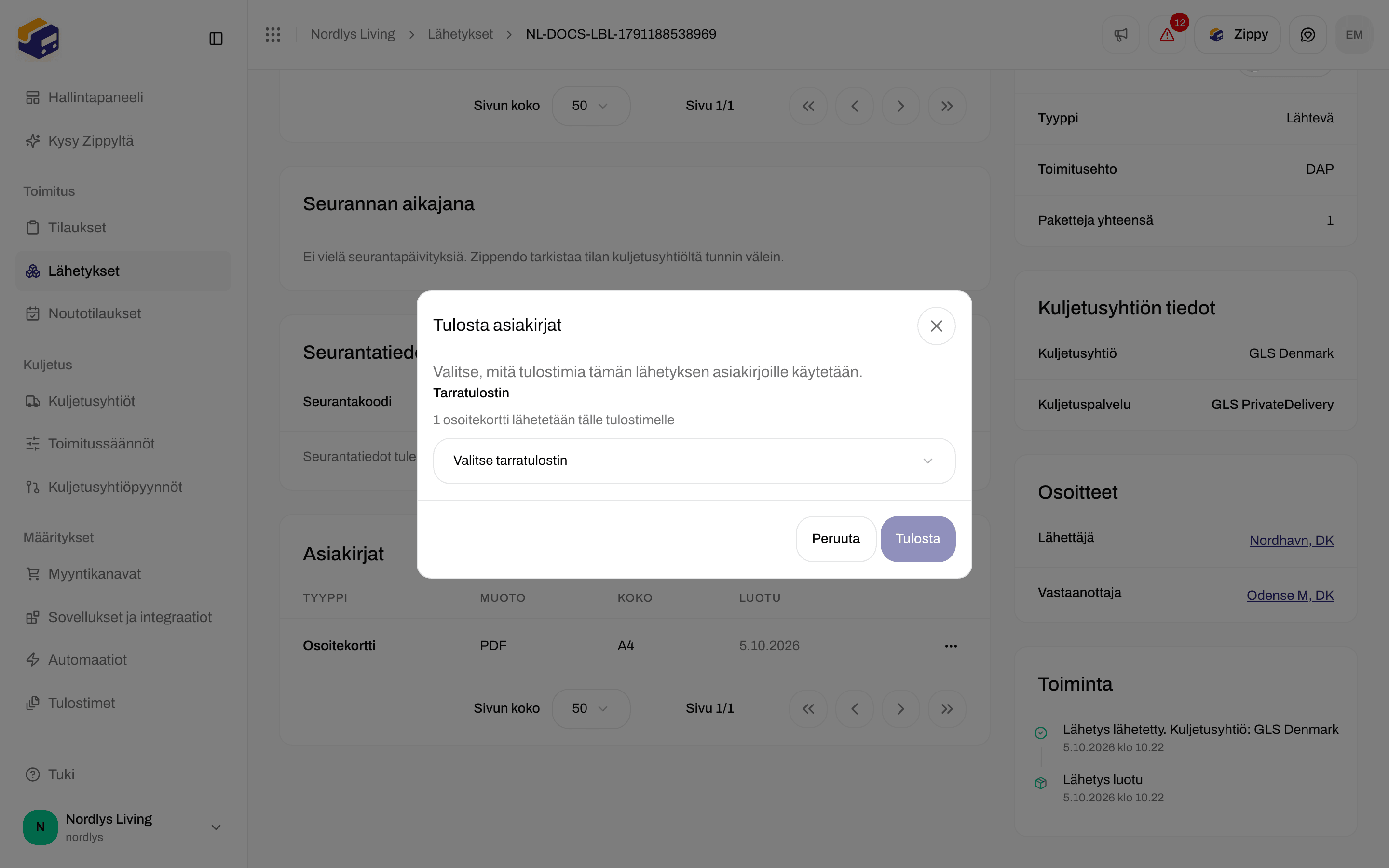 Tulosta asiakirjat -ikkuna, joka pyytää tarratulostinta