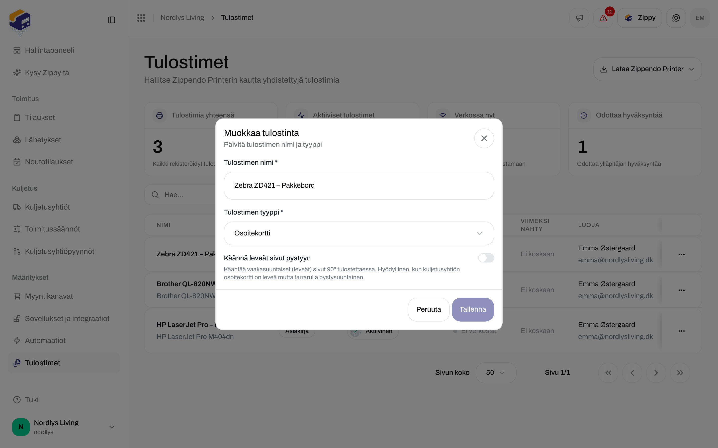 Muokkaa tulostinta -ikkuna, jossa on Käännä leveät sivut pystyyn -kytkin