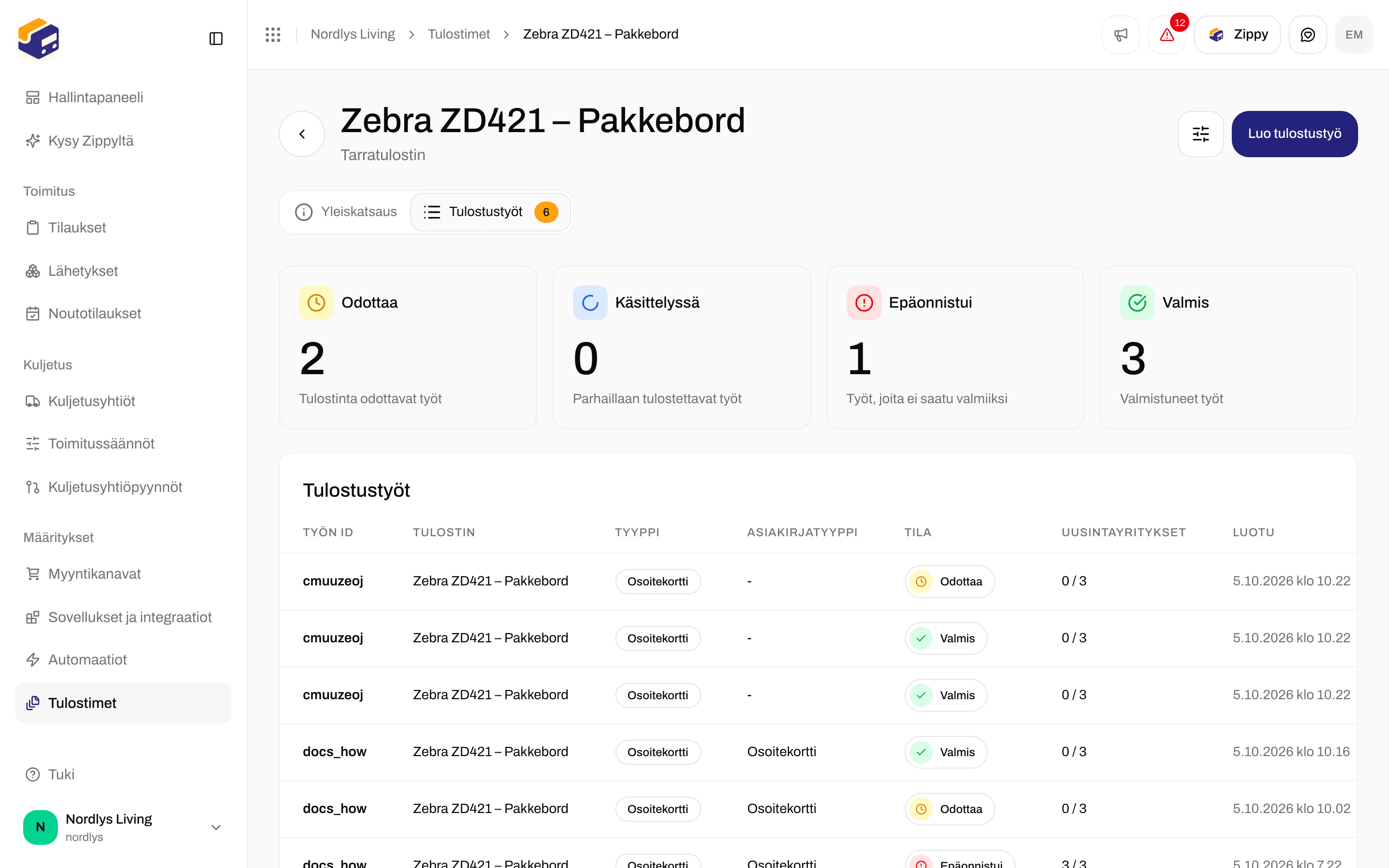 Zebra-tarratulostin ja sen tulostustöiden luettelo