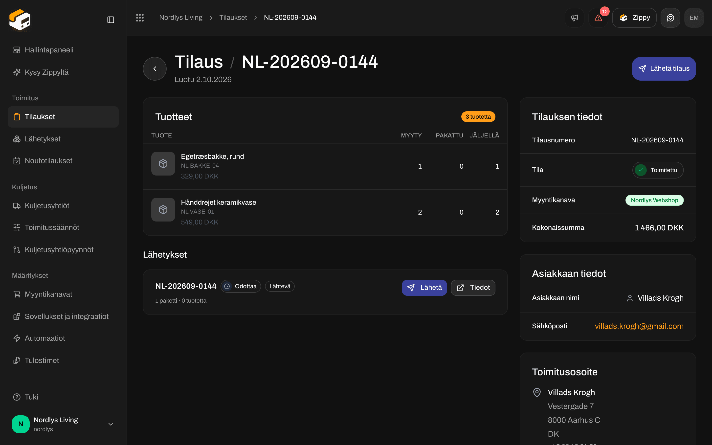 Tilauksen Lähetykset-osio, jonka yläreunassa on Lähetä tilaus ja odottavan lähetyksen kortti