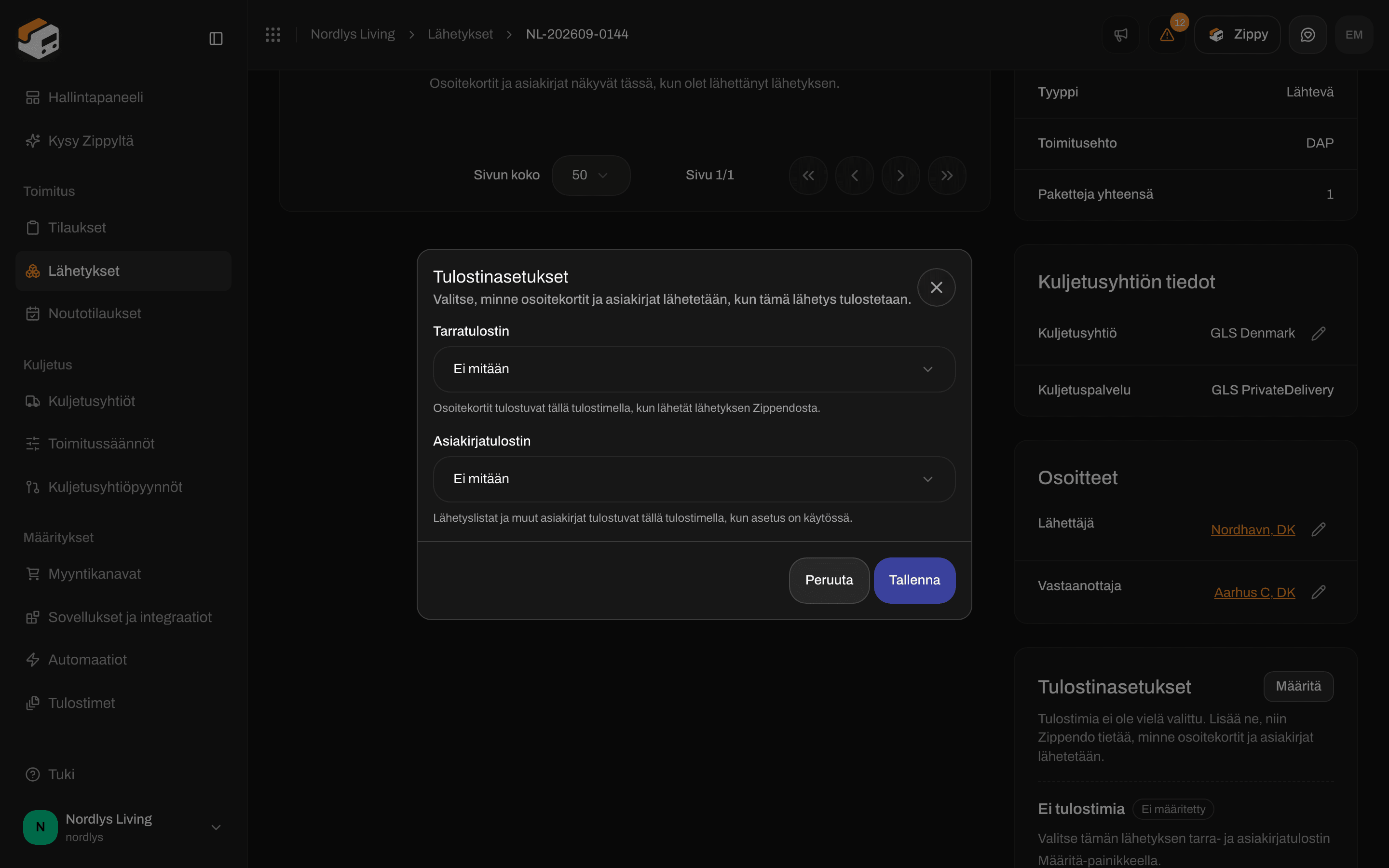 Tulostinasetukset-ikkuna, jossa on tarratulostin- ja asiakirjatulostinkentät
