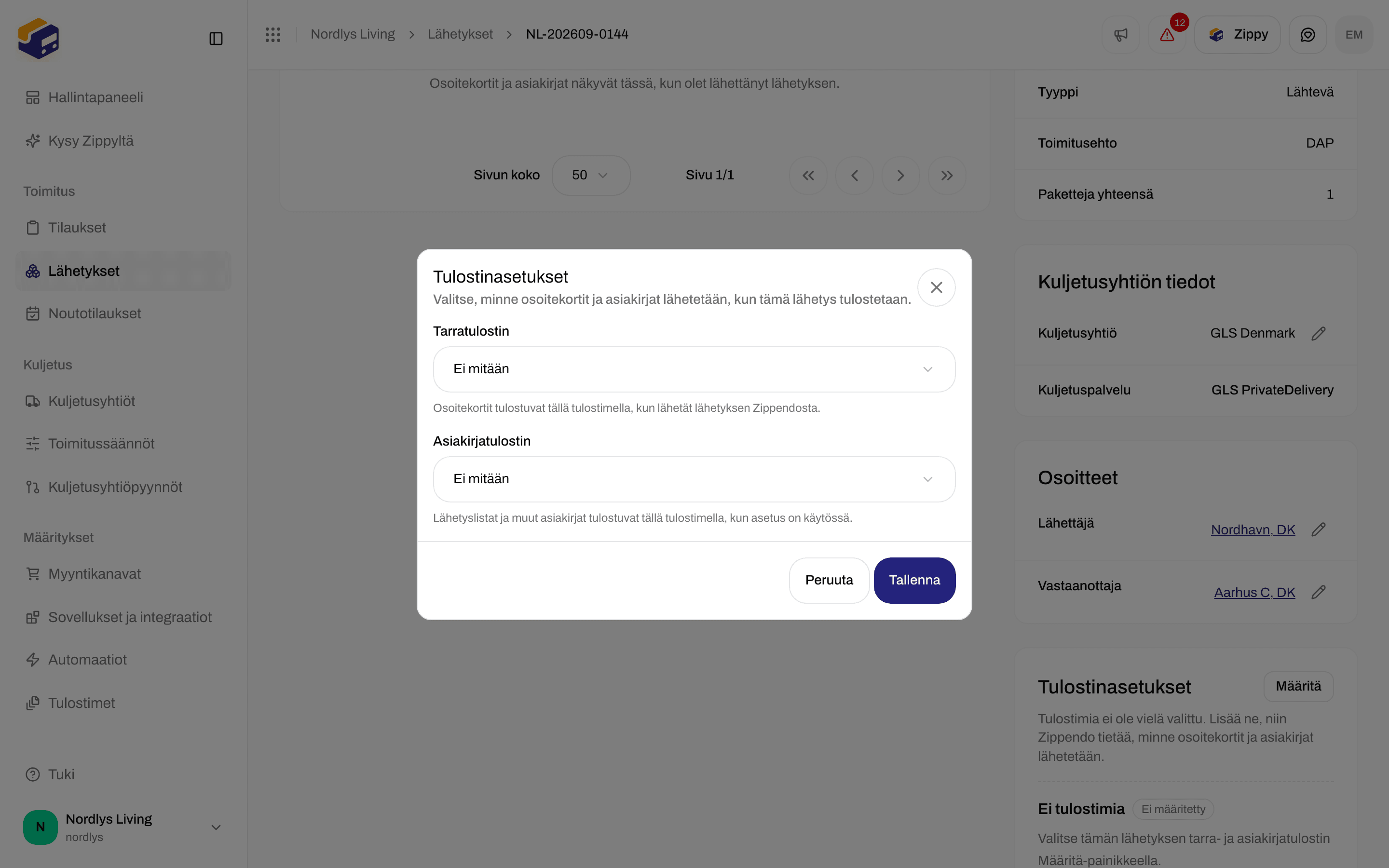 Tulostinasetukset-ikkuna, jossa on tarratulostin- ja asiakirjatulostinkentät
