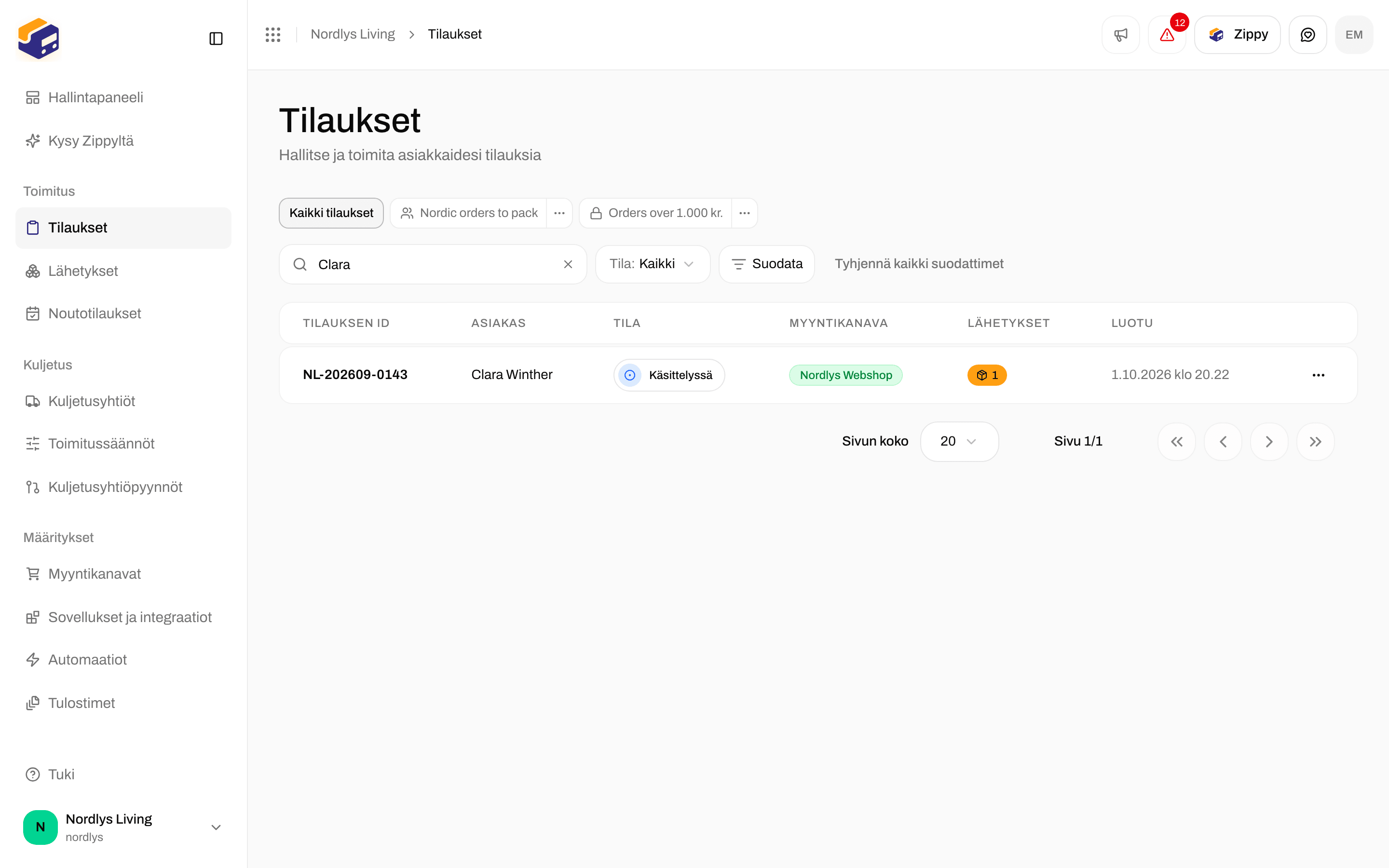 Tilausluettelo rajattuna haulla yhteen Käsittelyssä-tilaiseen tilaukseen, jolla on yksi lähetys