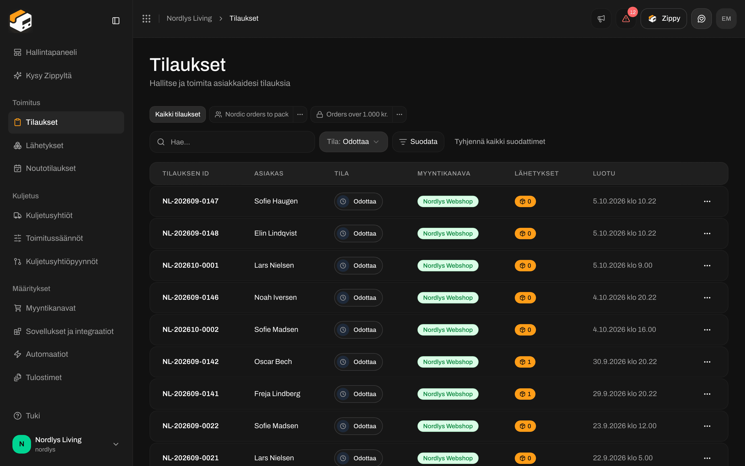 Tilausluettelo, jossa näkyvät vain Odottaa-tilaiset tilaukset