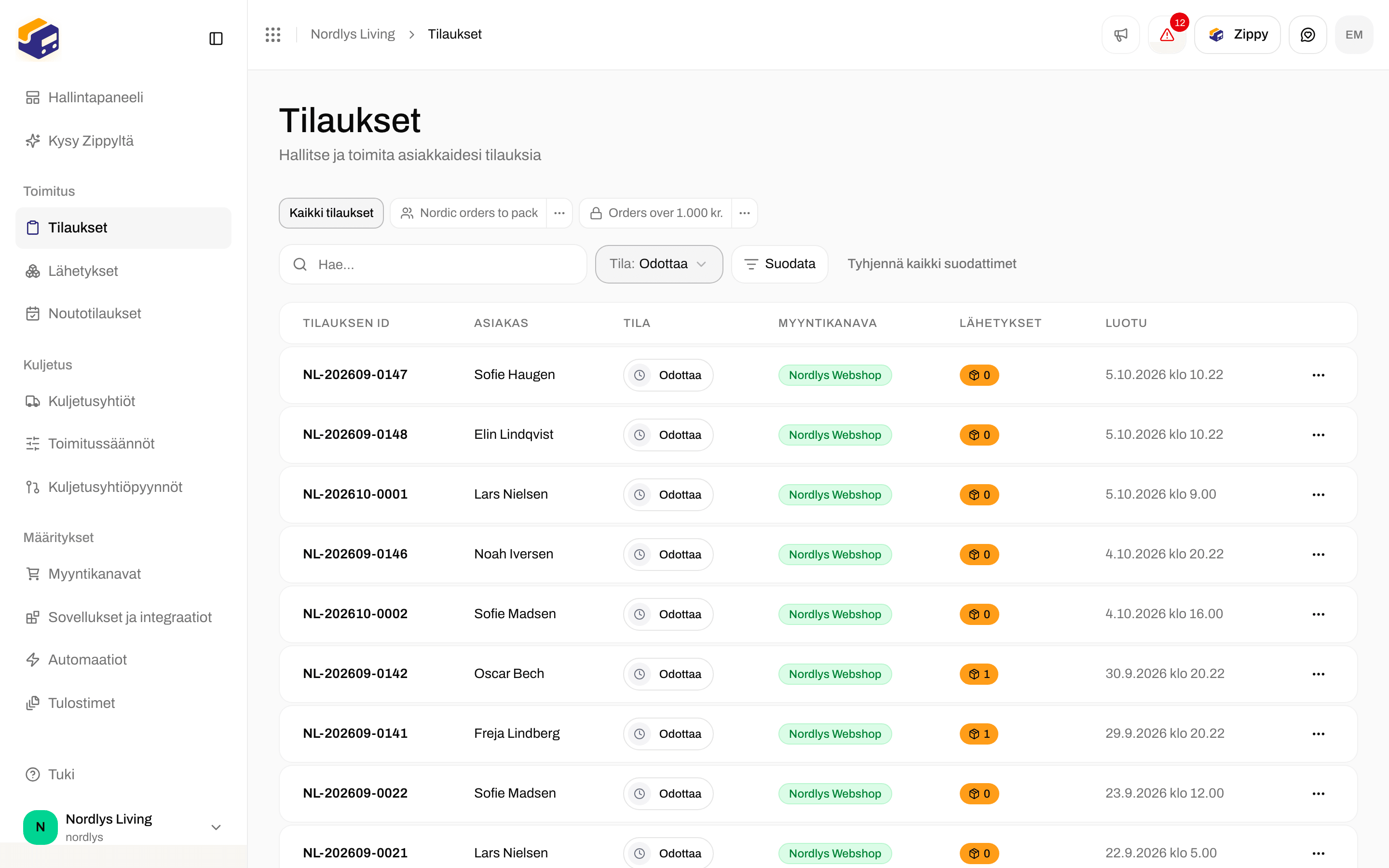 Tilausluettelo, jossa näkyvät vain Odottaa-tilaiset tilaukset