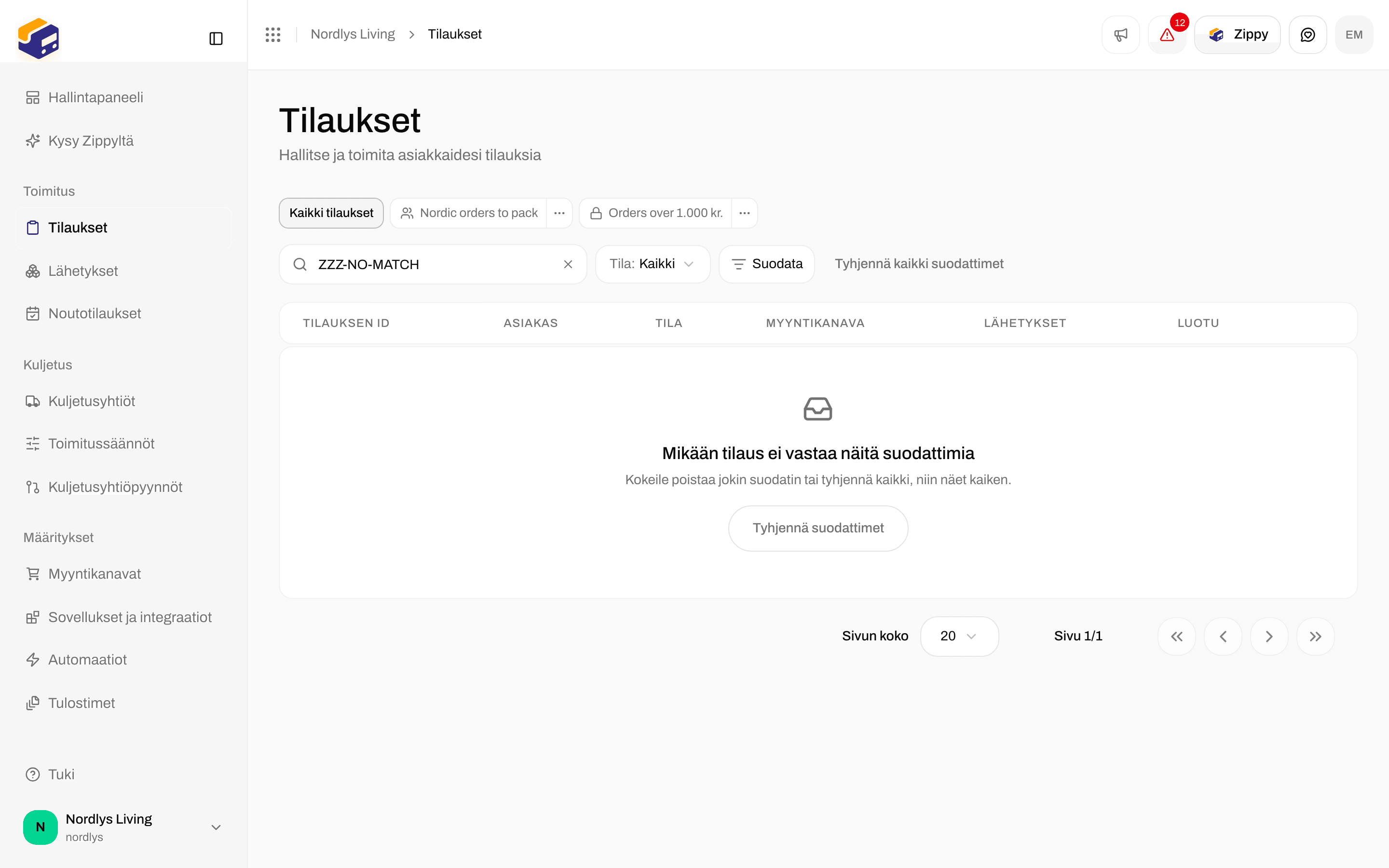 Tyhjä tilaustaulukko, jossa Mikään tilaus ei vastaa näitä suodattimia ja Tyhjennä suodattimet -painike