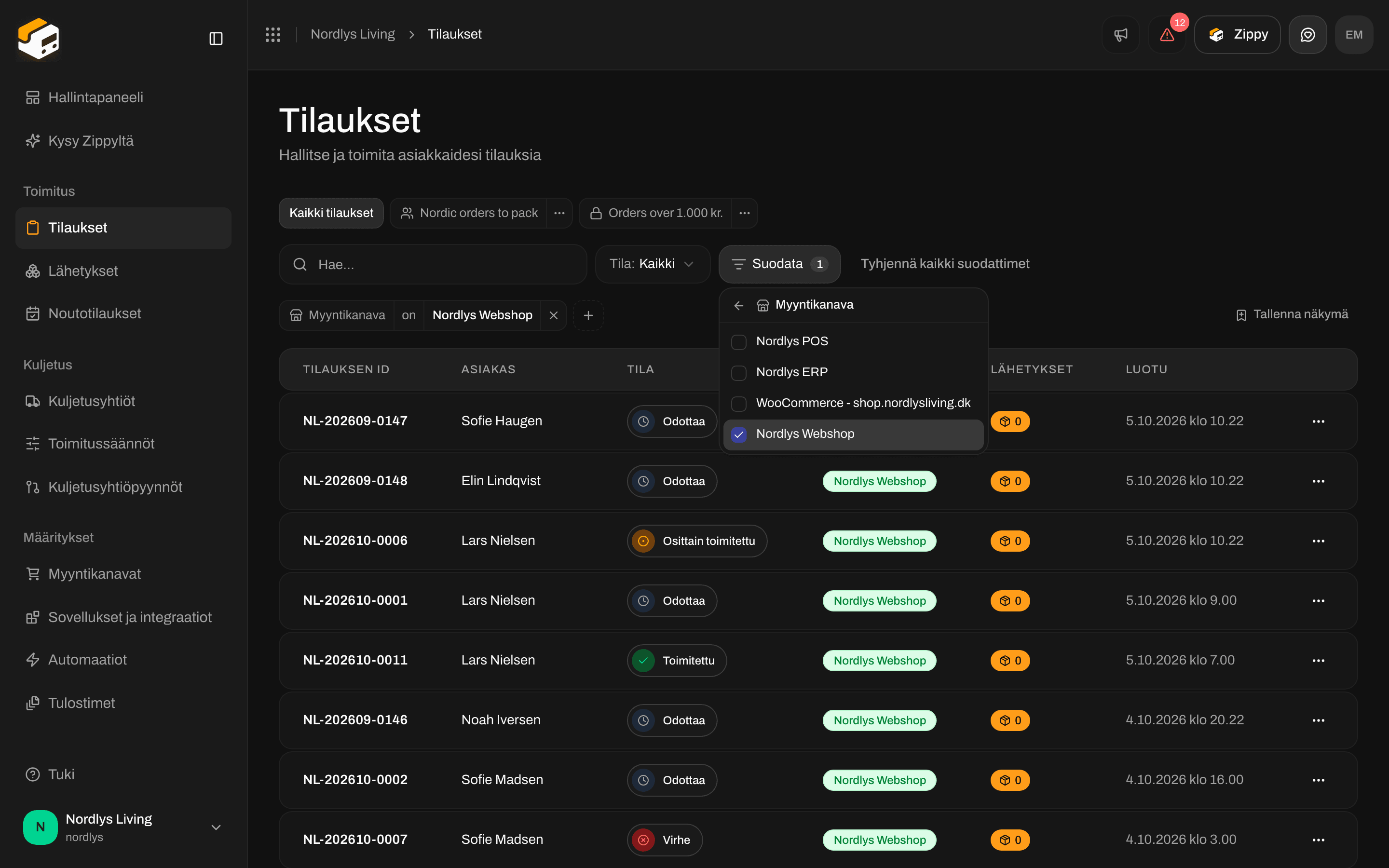 Tilausluettelo, jossa Myyntikanava-suodatintunniste taulukon yläpuolella