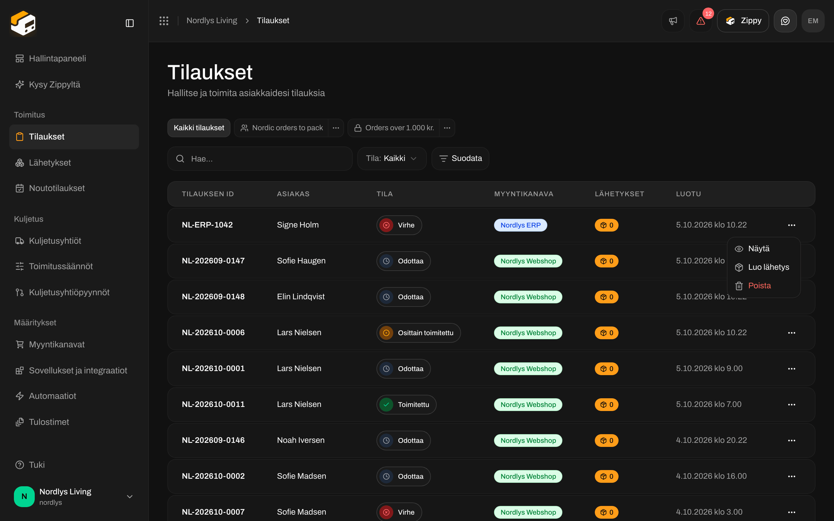 Tilauksen rivivalikko, jossa Näytä ja Poista
