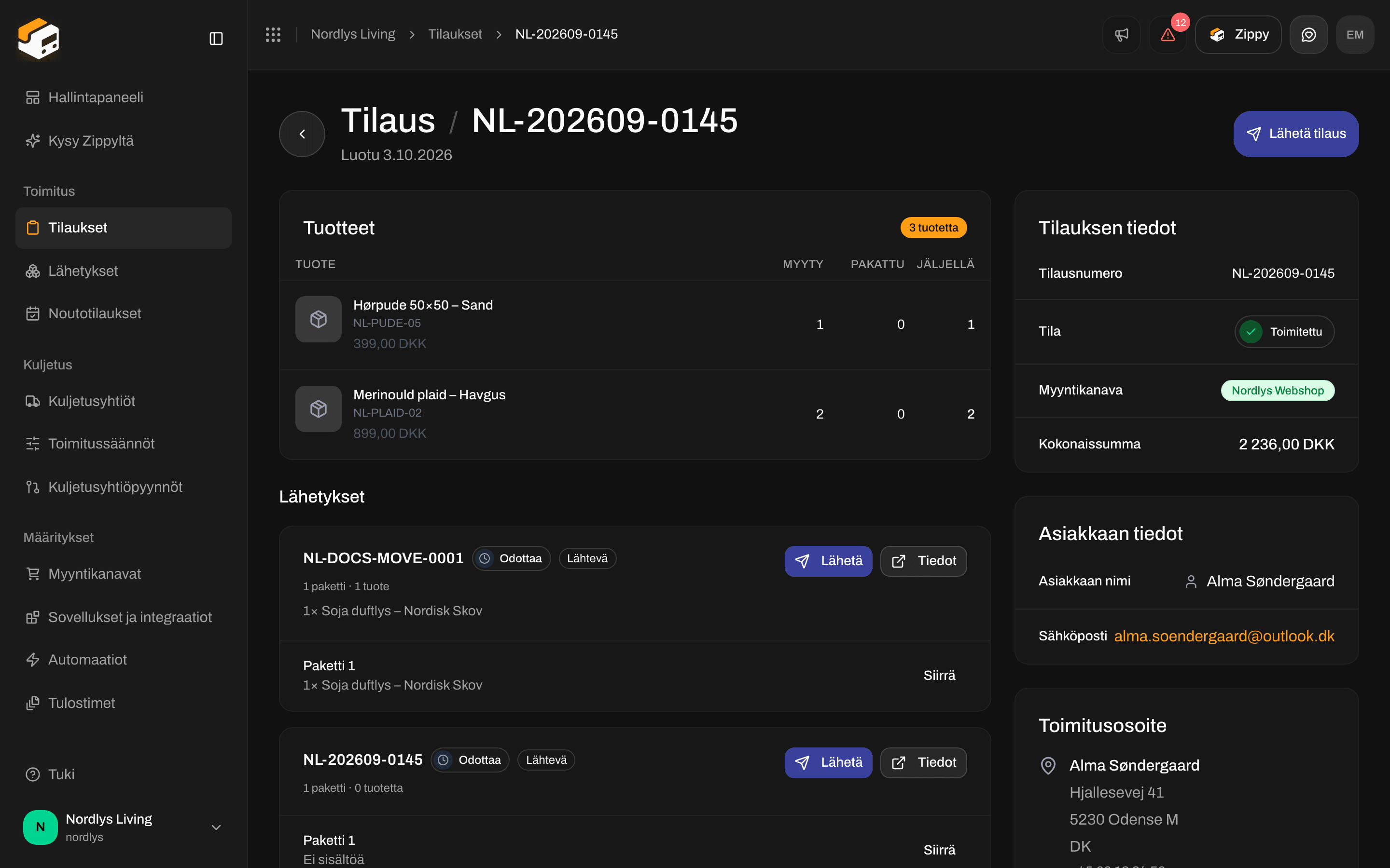 Toimitettu tilaus, jossa asiakkaan tiedot ja toimitusosoite