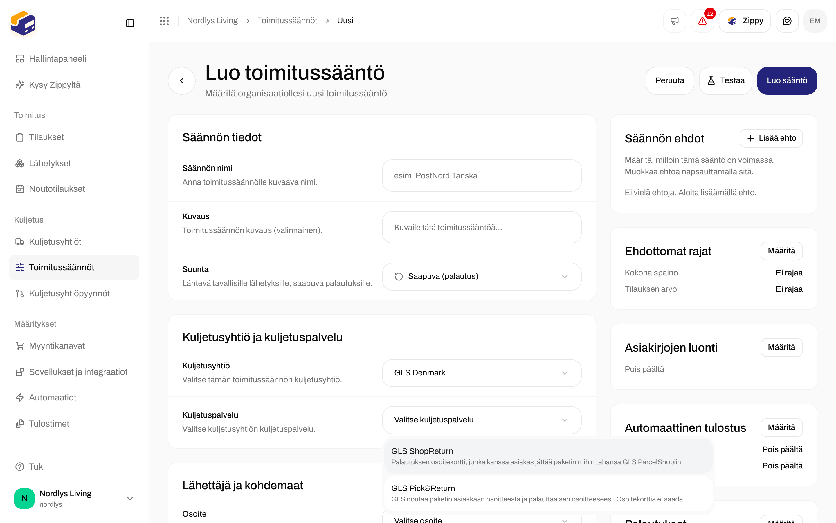 Luo toimitussääntö, jossa Suunta Saapuva (palautus), GLS Denmark, ja GLS ShopReturn ja GLS Pick&Return kuljetuspalveluluettelossa