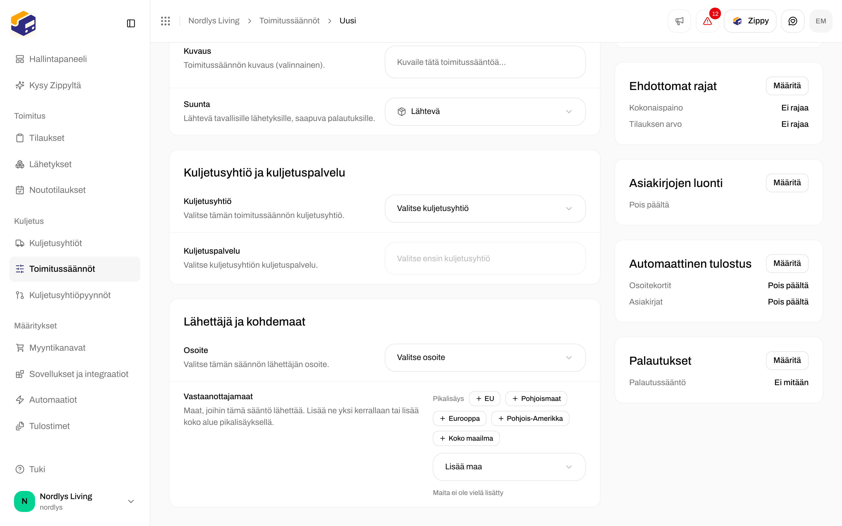 Palautukset-osio, jossa Palautusten toimitussääntö on arvossa Ei mitään, Automaattisen tulostuksen alla