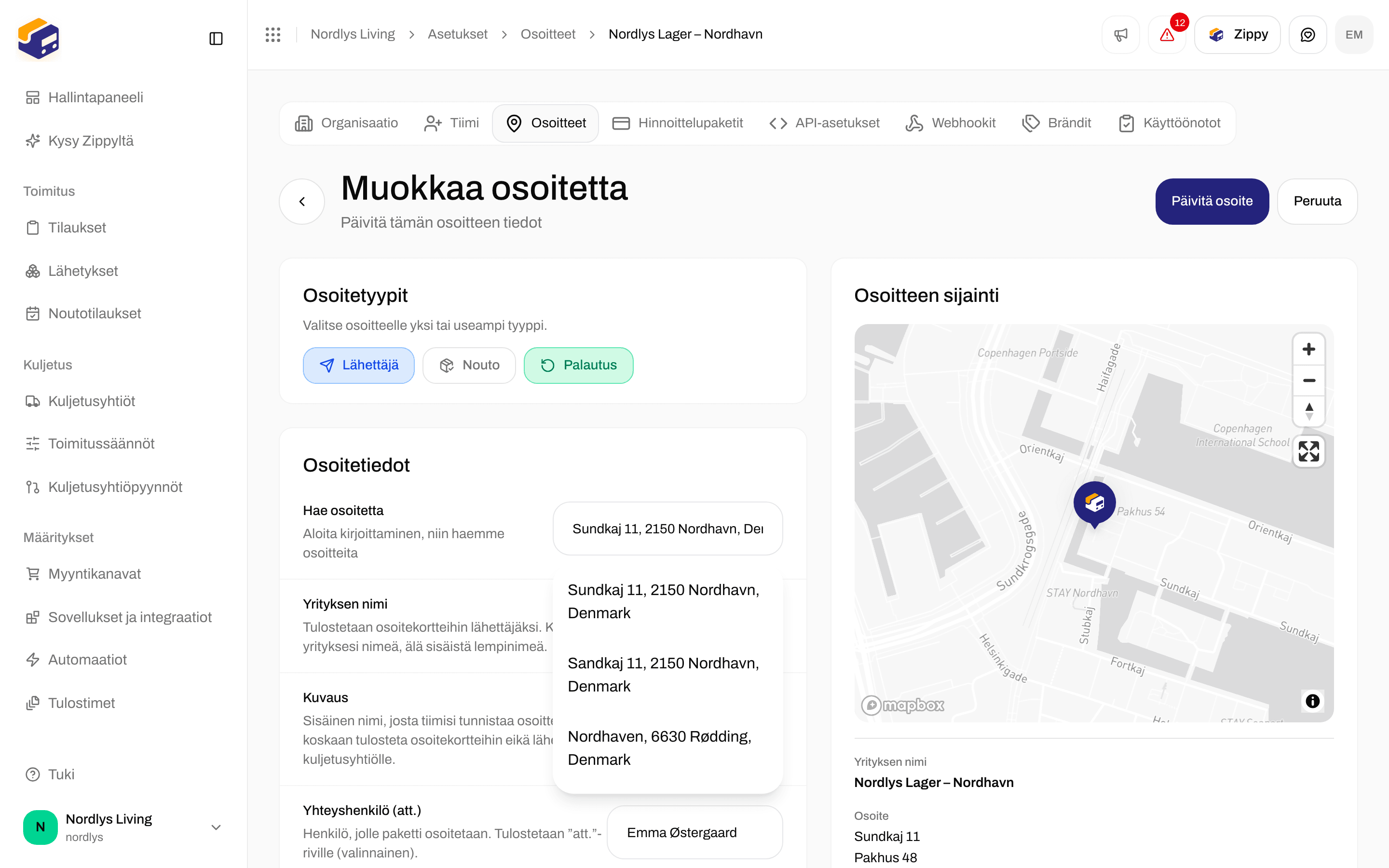 Muokkaa osoitetta, jossa Osoitetyypit Lähettäjä, Nouto ja Palautus, ja Palautus on rastitettu