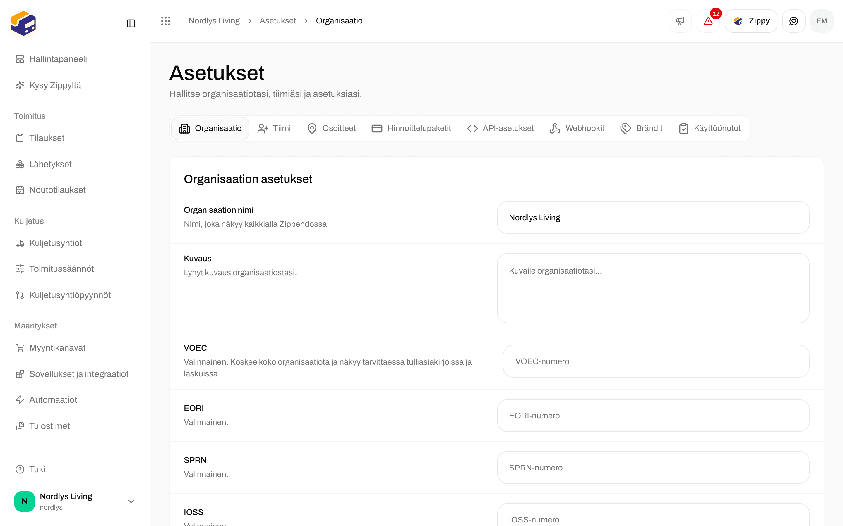 Esimerkkiorganisaation asetukset, joissa valinnaiset VOEC-, EORI-, SPRN- ja IOSS-kentät