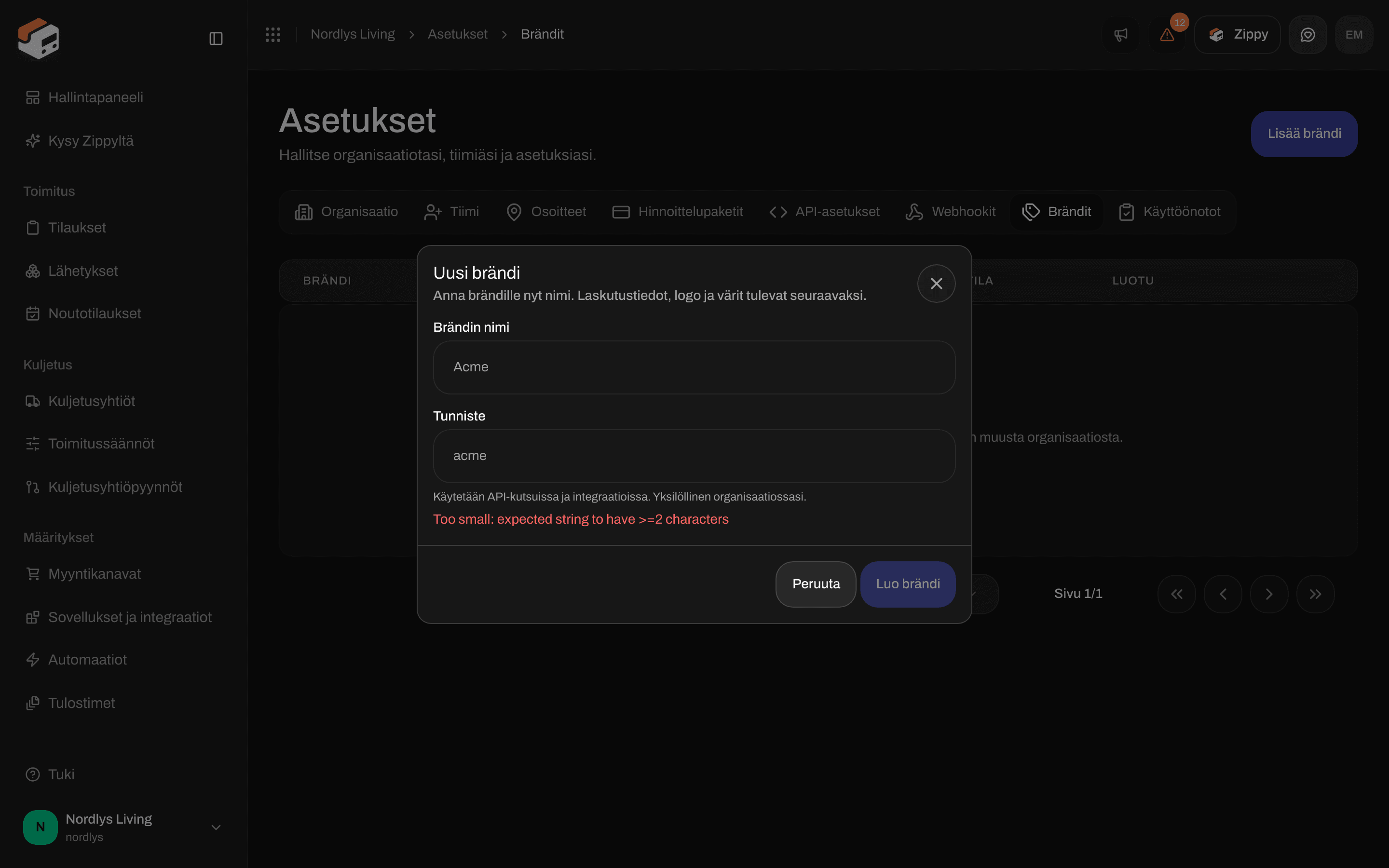 Uusi brändi -ikkuna, jossa Brändin nimi ja Tunniste -kentät