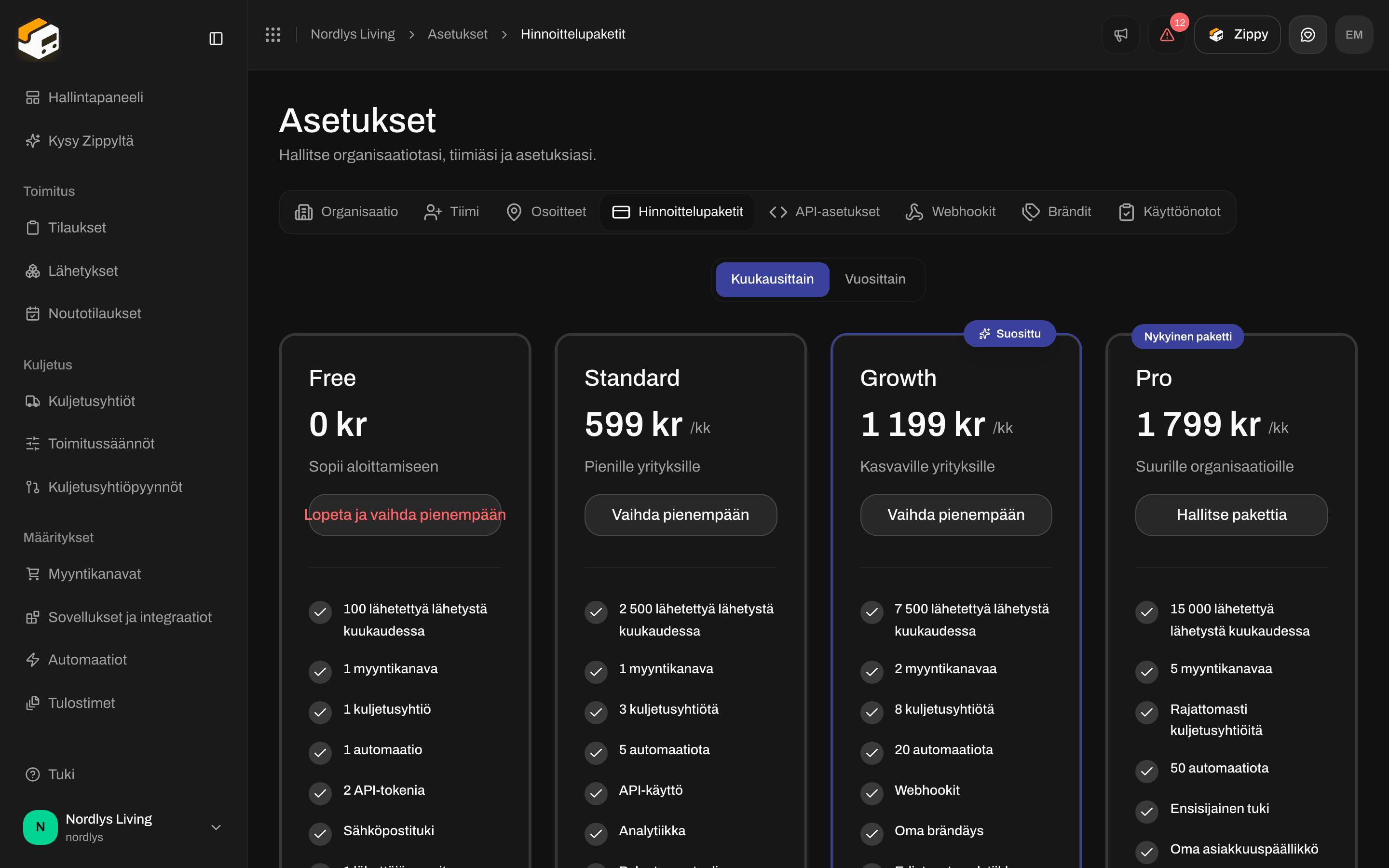 Hinnoittelupaketit, Kuukausittain valittuna ja Pro merkittynä Nykyinen paketti