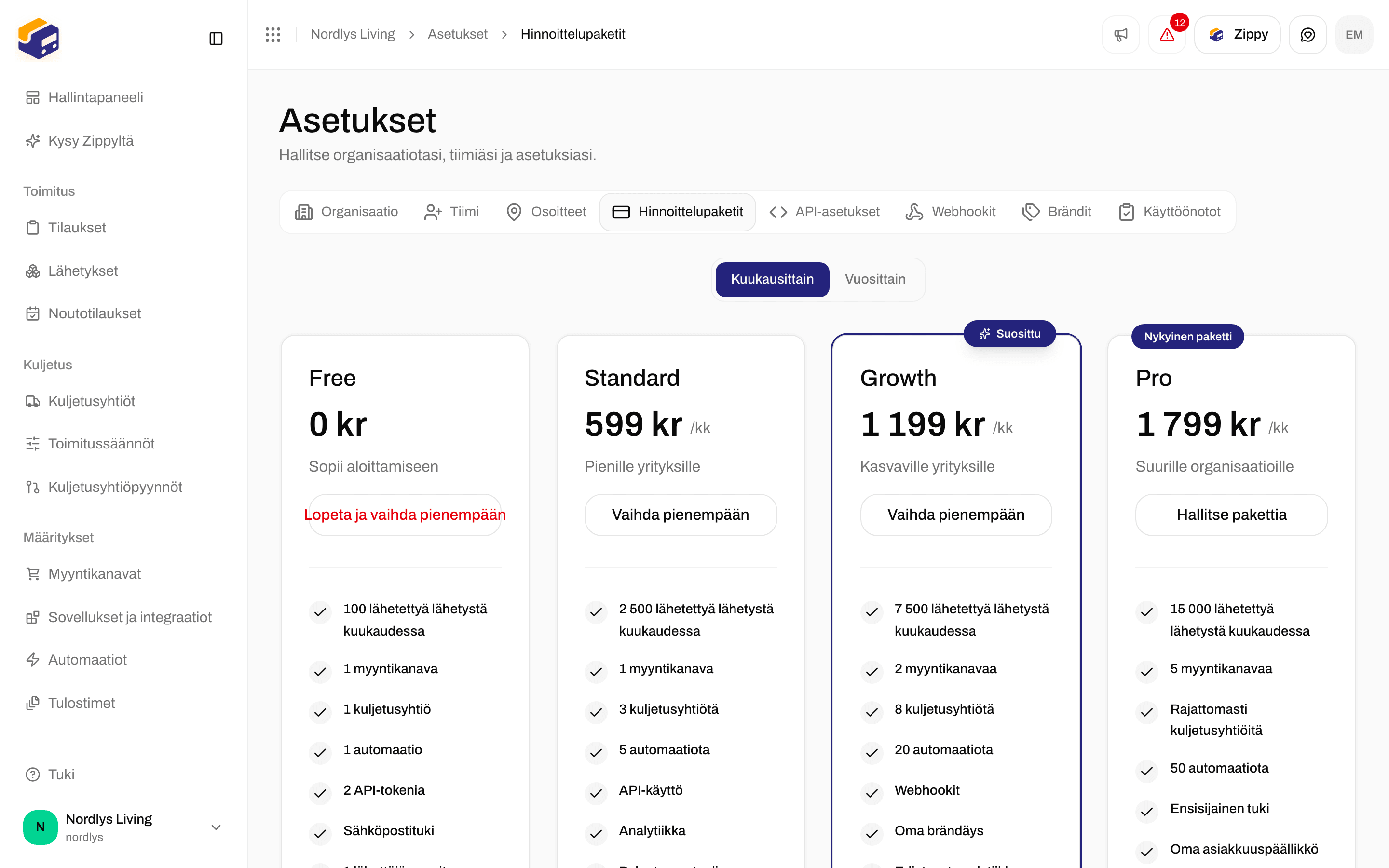 Hinnoittelupaketit, Kuukausittain valittuna ja Pro merkittynä Nykyinen paketti