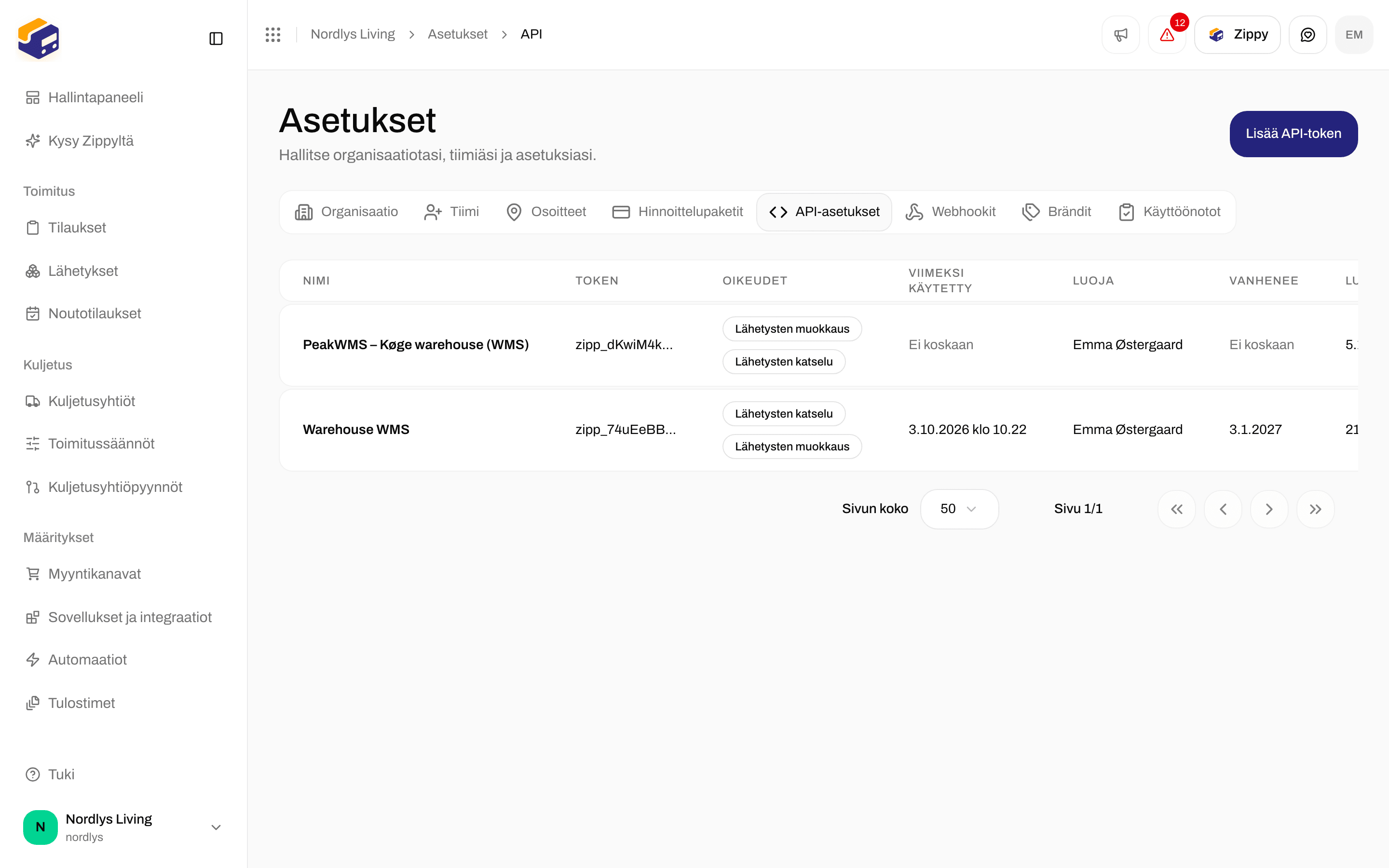 API-tokenien tyhjä tila, jossa Luo ensimmäinen token ja Lisää API-token