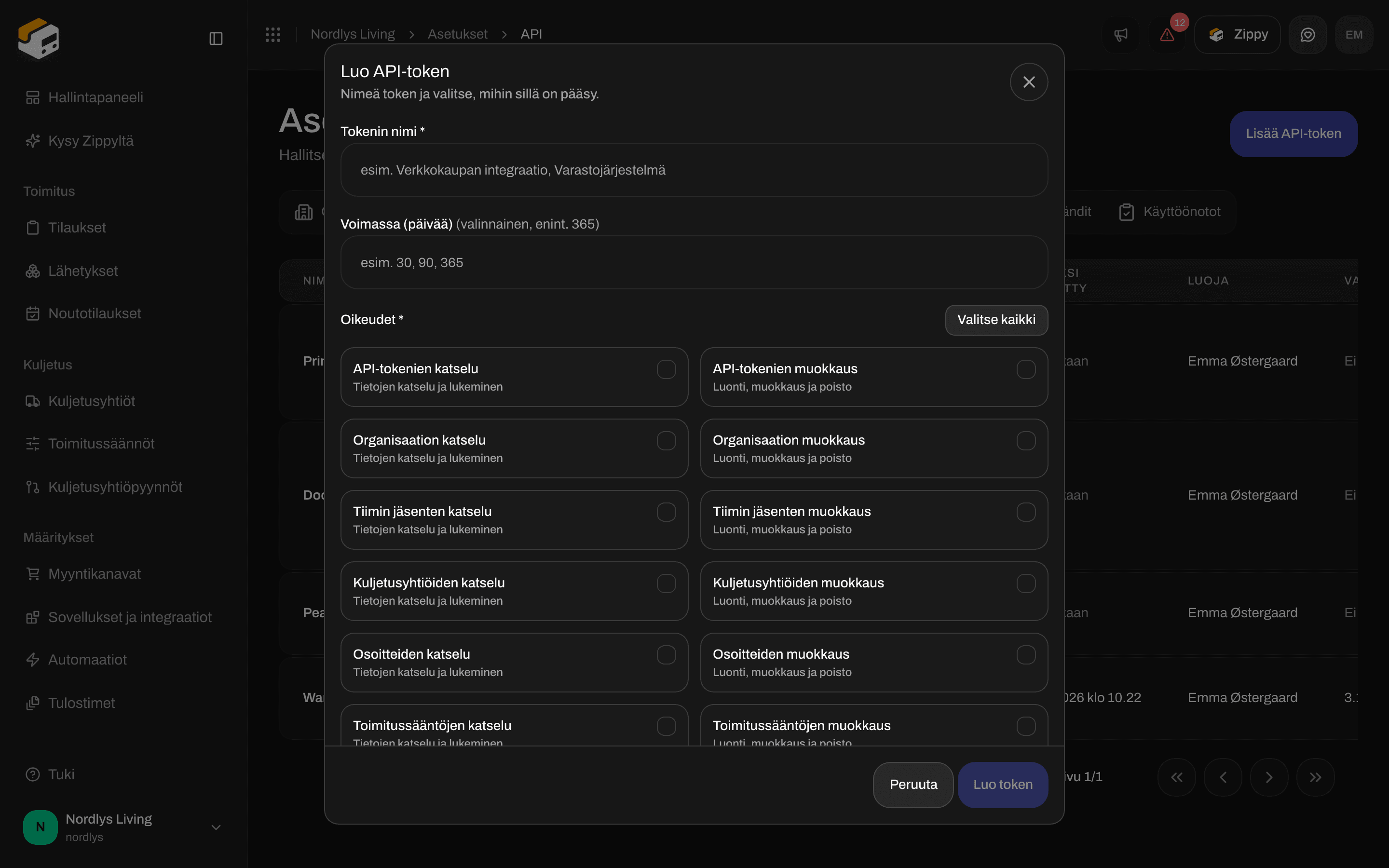 Luo API-token -ikkuna, jossa Tokenin nimi, Voimassa (päivää) ja oikeuksien valintaruudut