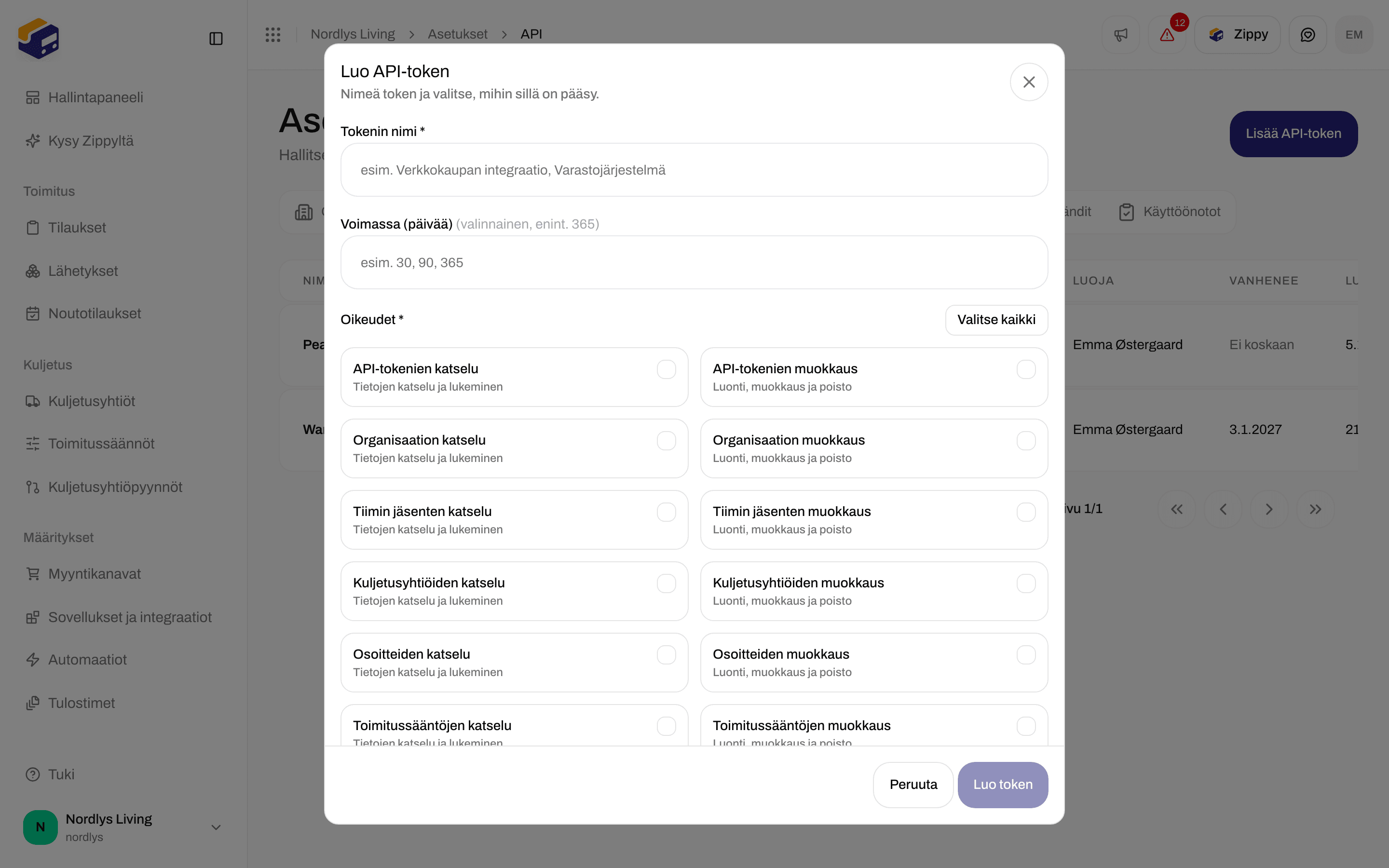Luo API-token -ikkuna, jossa Tokenin nimi, Voimassa (päivää) ja oikeuksien valintaruudut
