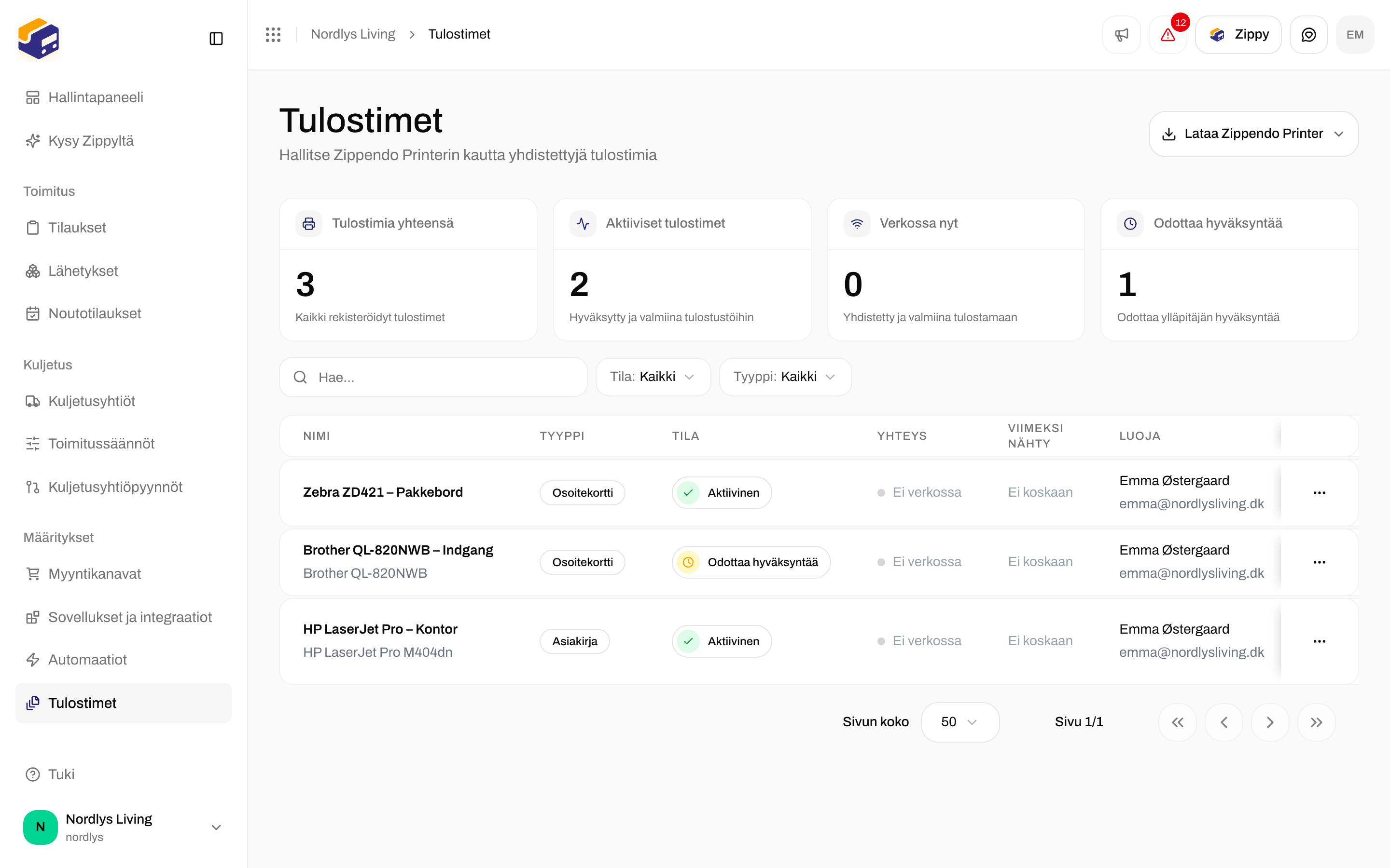 Tulostinluettelo, jossa esimerkkitarratulostin, Zippendo Printer -ohjelman latauspainike ja tilakortit