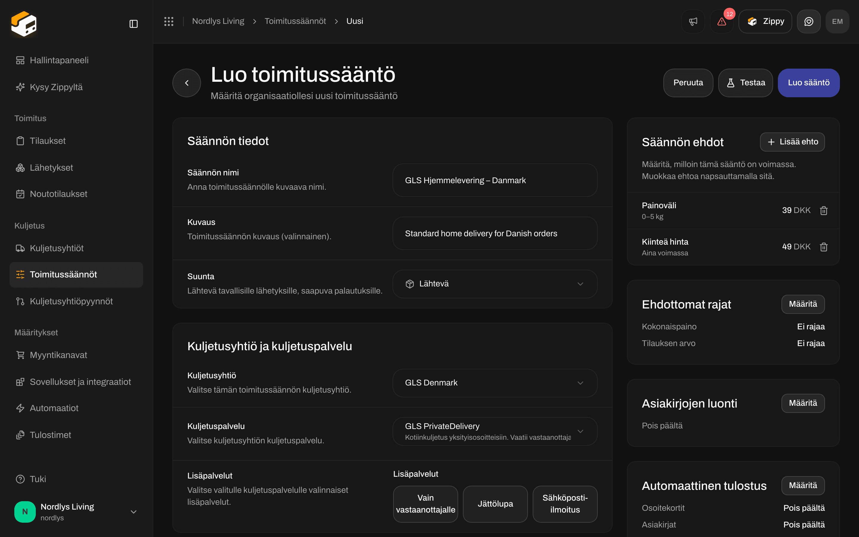 Toimitusehdot, joissa painoehto 39 DKK ja kiinteän hinnan ehto 49 DKK