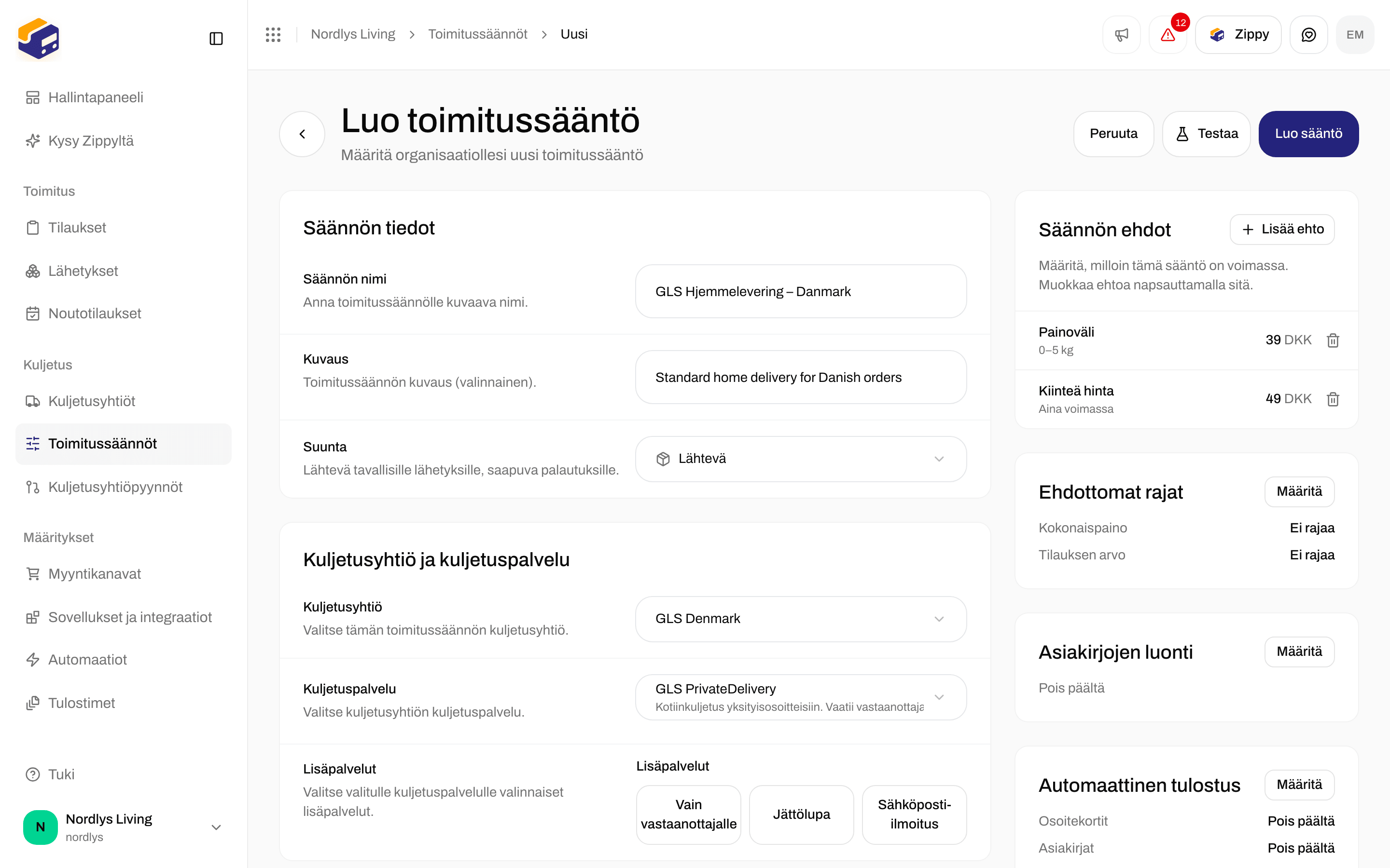 Toimitusehdot, joissa painoehto 39 DKK ja kiinteän hinnan ehto 49 DKK