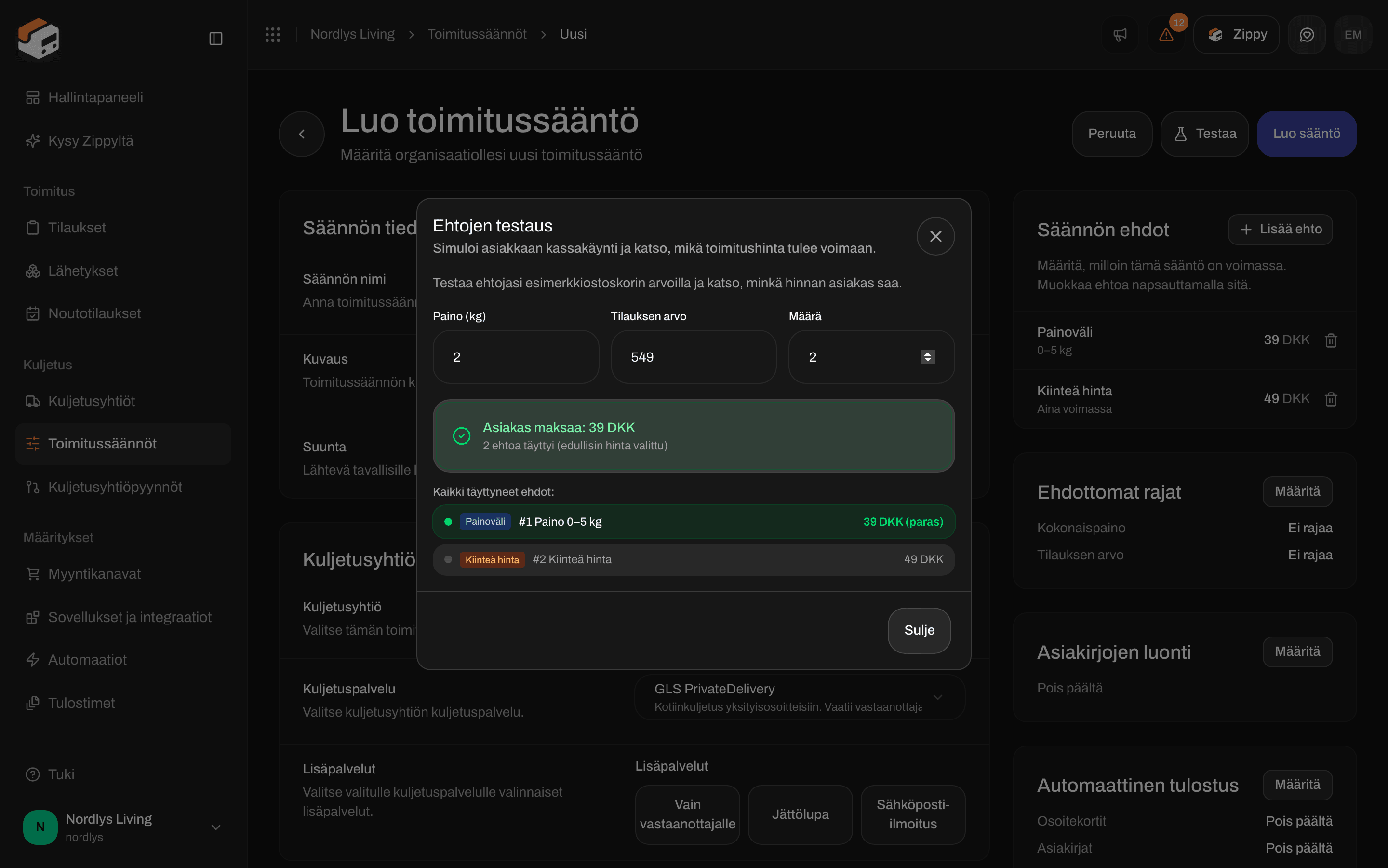 Ehtojen testaajan ikkuna, jossa lukee, että asiakas maksaa 39 DKK, ja painoehto on merkitty parhaaksi