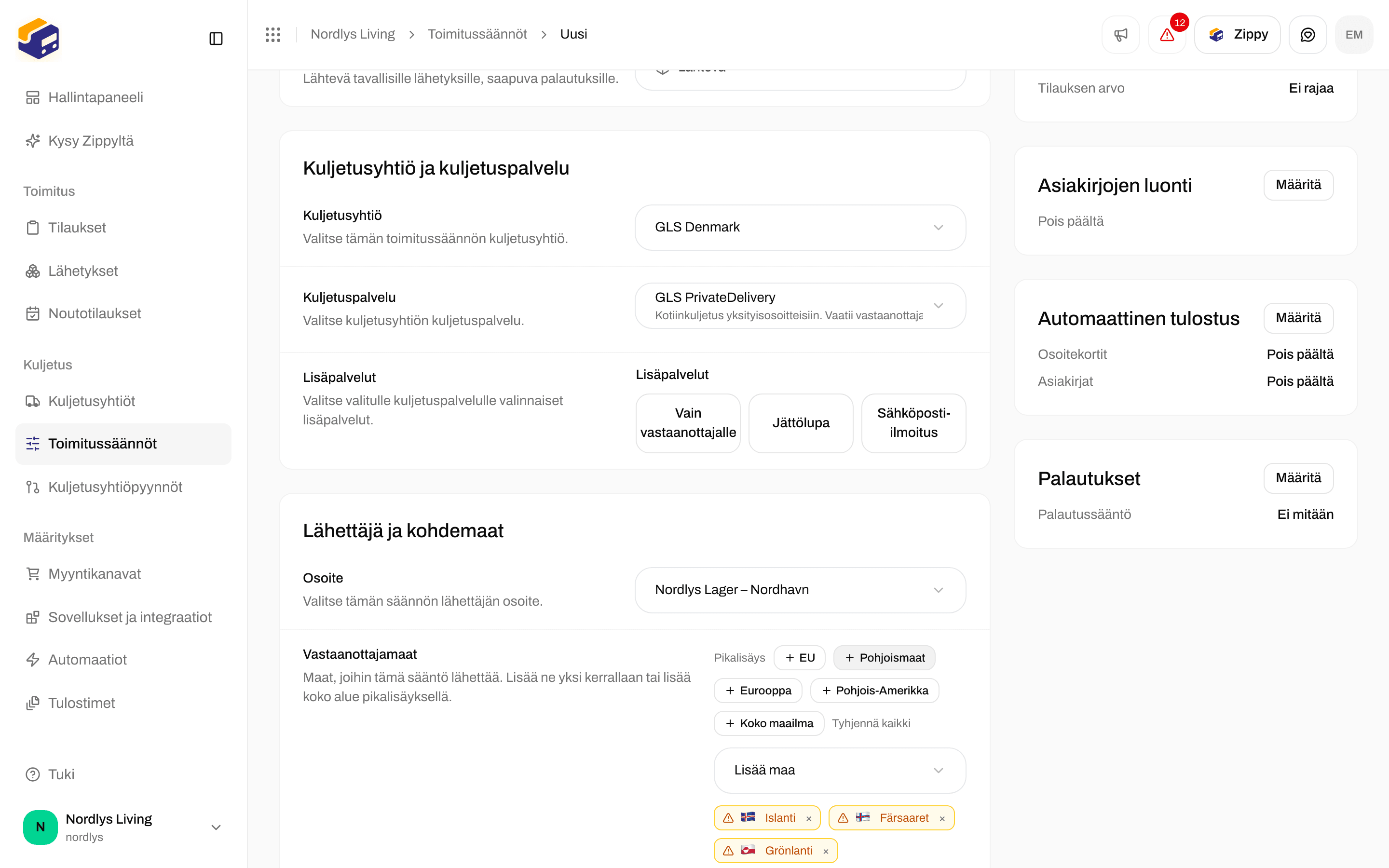 Vastaanottajamaat, joihin Pohjoismaat on lisätty Pikalisäys-toiminnolla