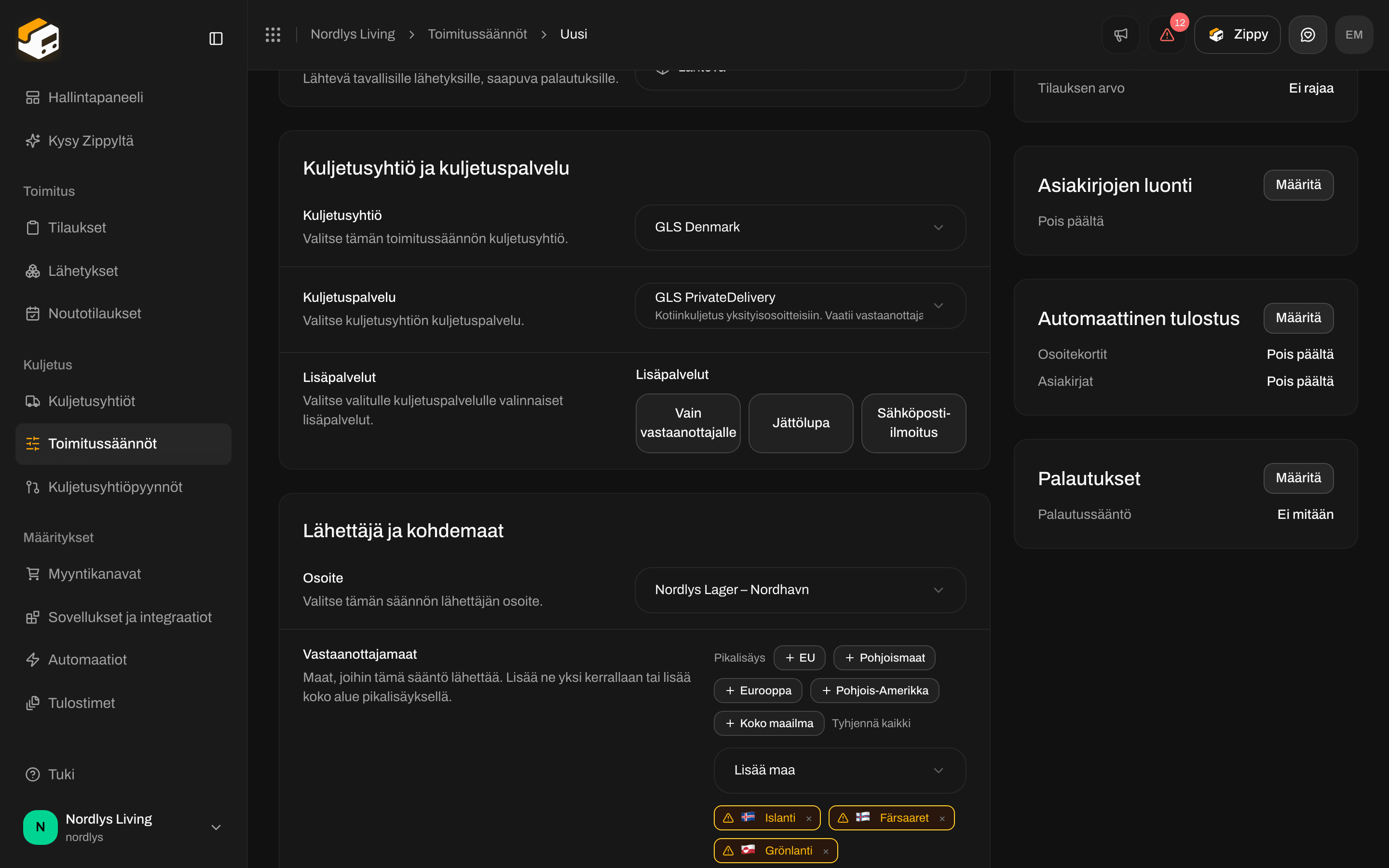 Asiakirjojen luonnin asetukset, Tulosta osoitekortit automaattisesti- ja Tulosta asiakirjat automaattisesti -kytkimet sekä Palautusten toimitussääntö -luettelo