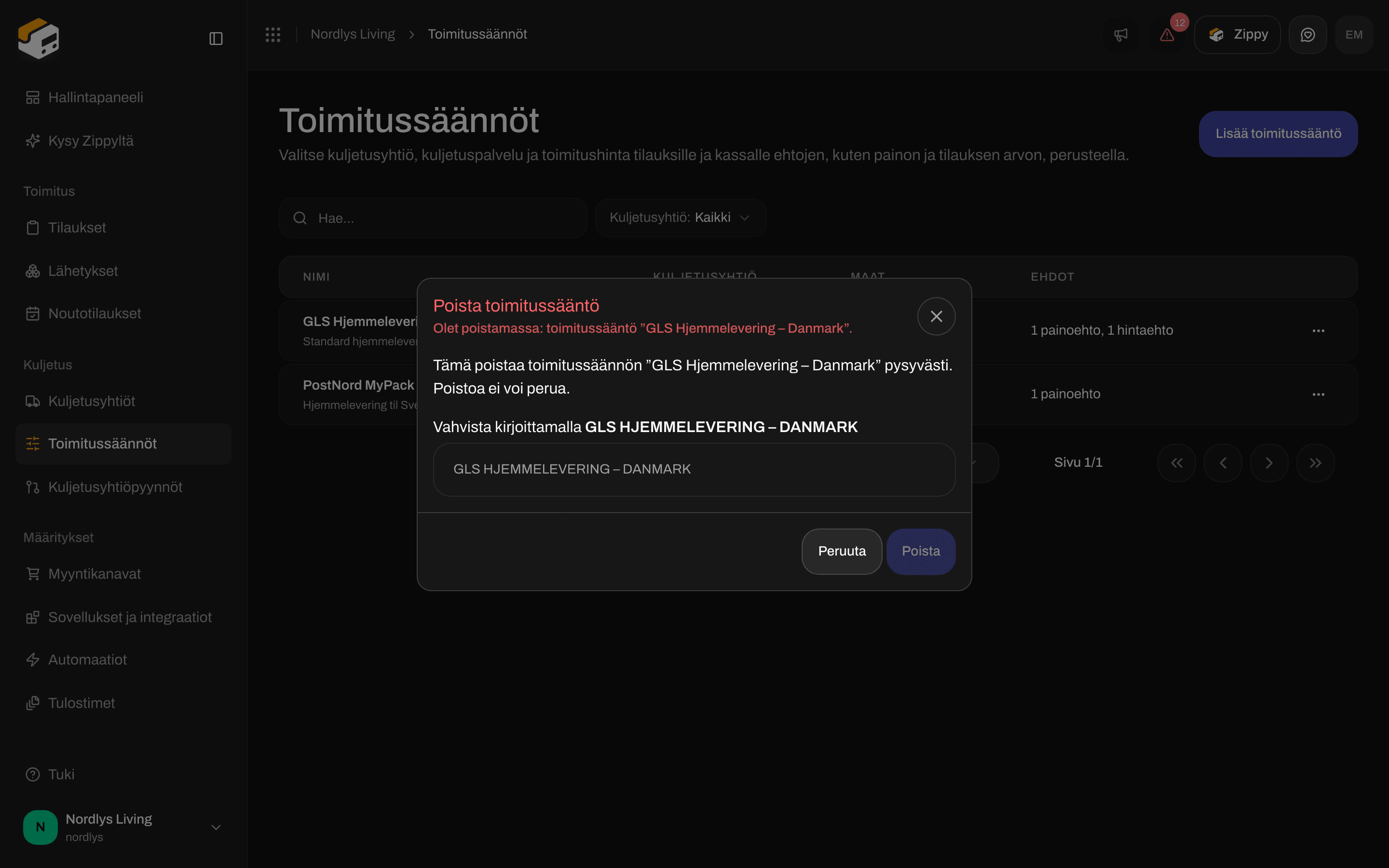 Poista toimitussääntö -ikkuna, jossa pyydetään kirjoittamaan GLS HJEMMELEVERING – DANMARK vahvistukseksi