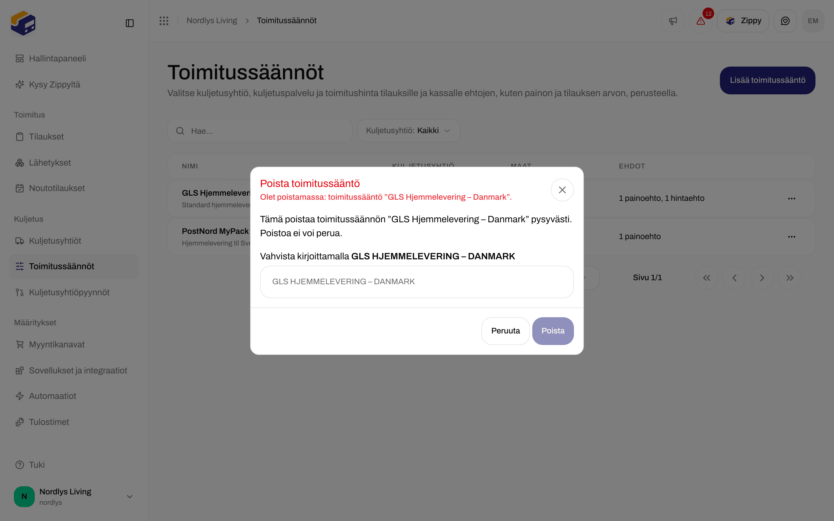 Poista toimitussääntö -ikkuna, jossa pyydetään kirjoittamaan GLS HJEMMELEVERING – DANMARK vahvistukseksi
