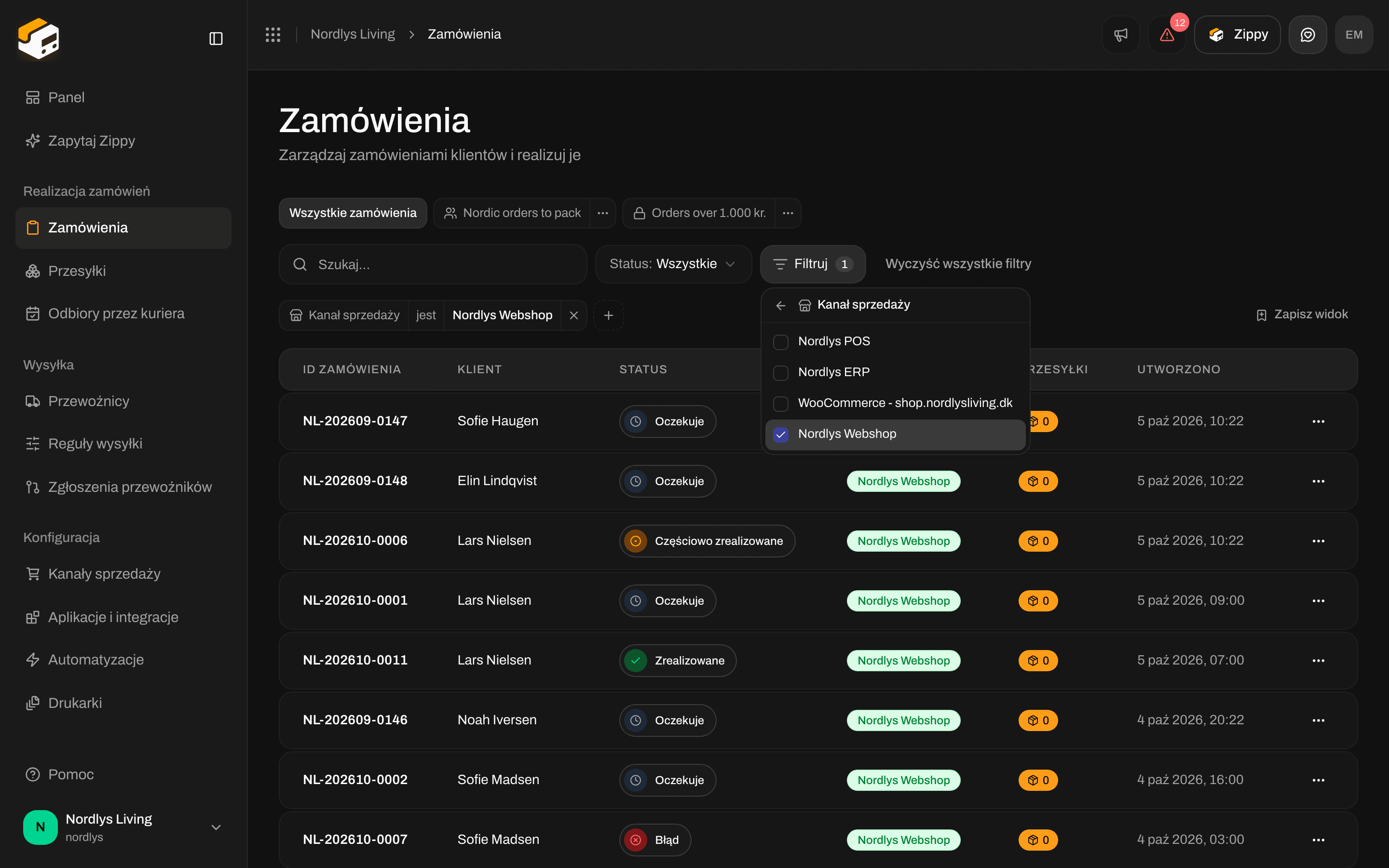 Lista zamówień ze znacznikiem filtra Kanał sprzedaży nad tabelą