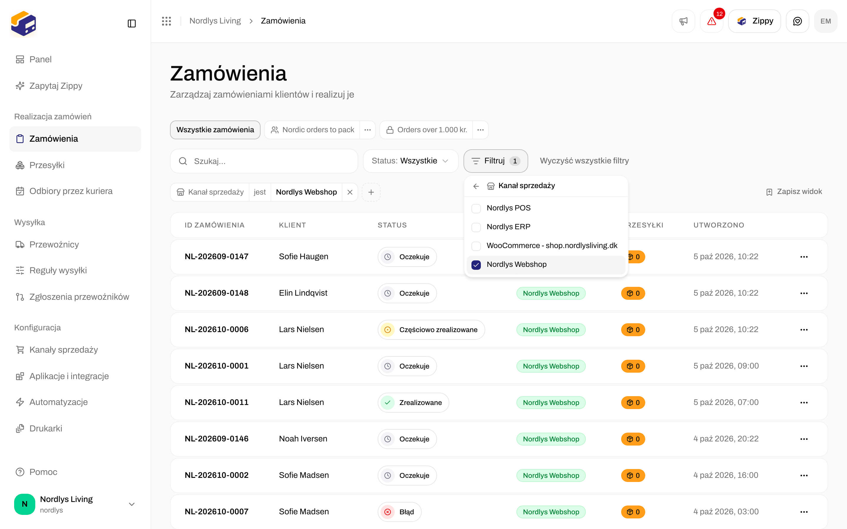 Lista zamówień ze znacznikiem filtra Kanał sprzedaży nad tabelą