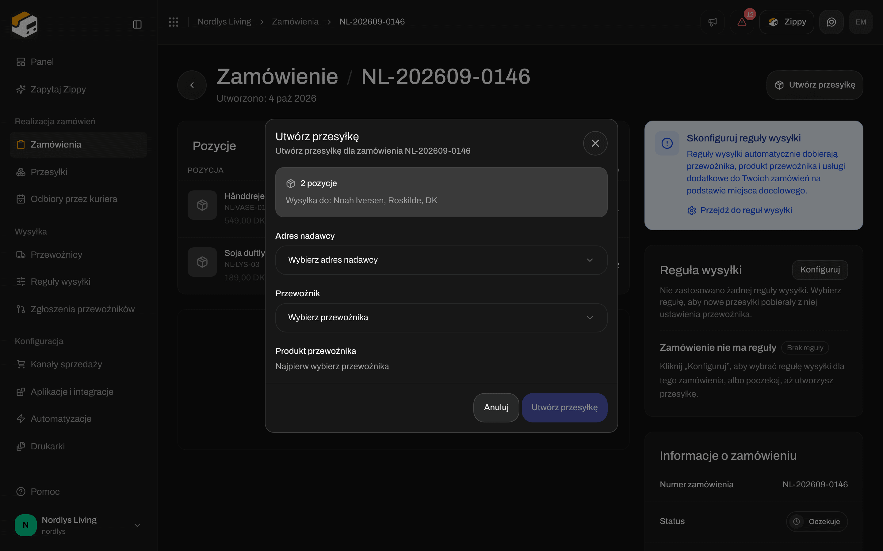 Okno Utwórz przesyłkę z polami Adres nadawcy, Przewoźnik i Produkt przewoźnika