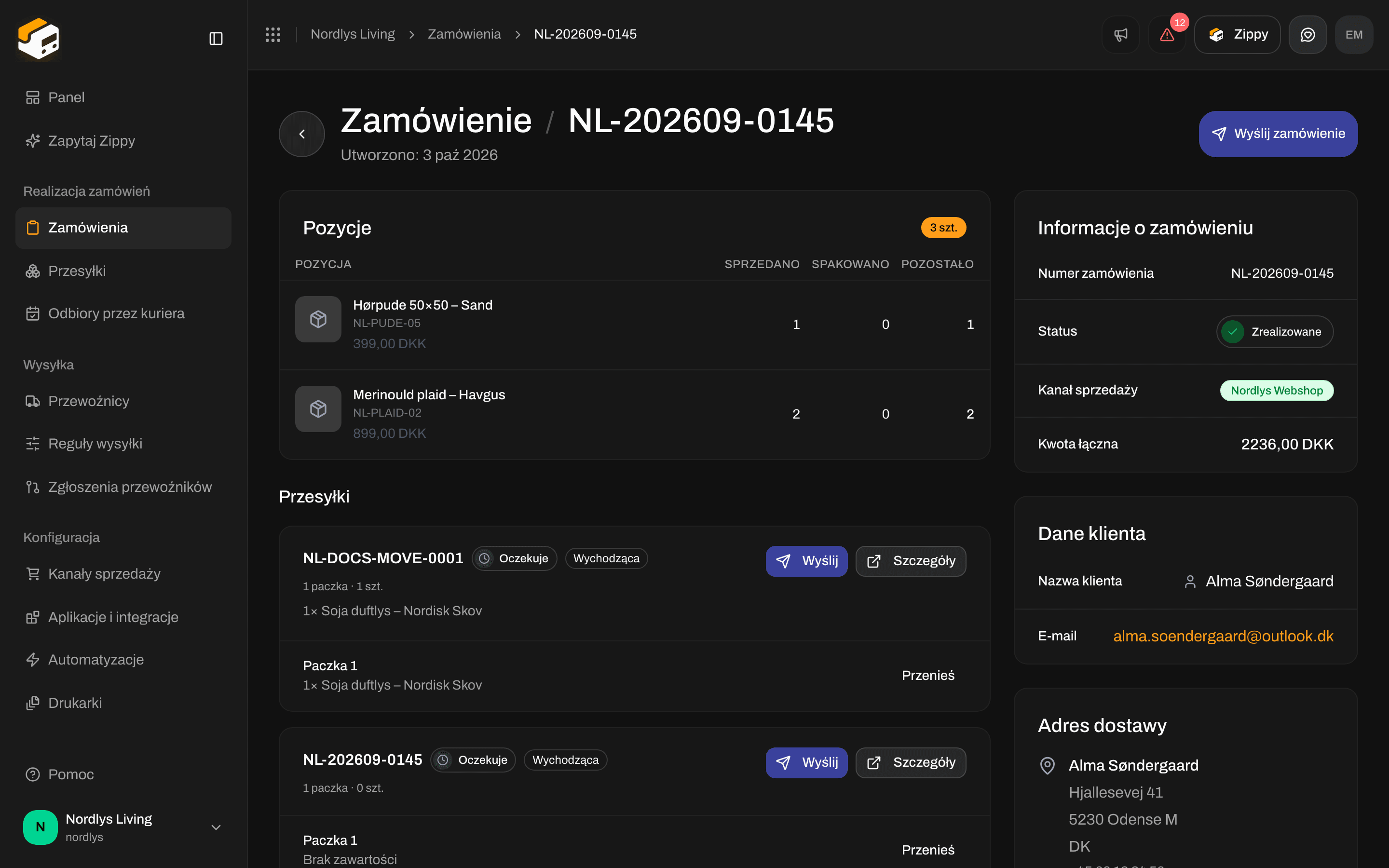 Zrealizowane zamówienie z danymi klienta i adresem dostawy