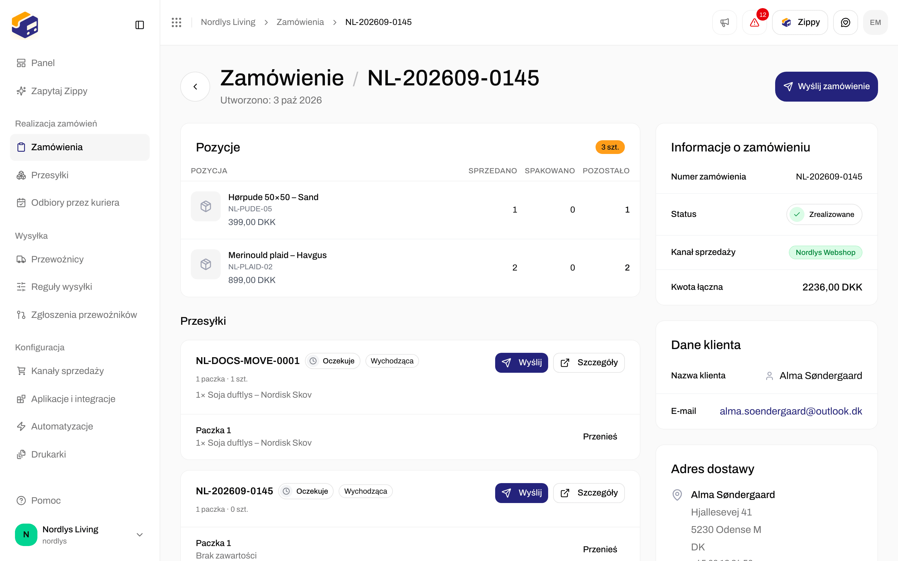 Zrealizowane zamówienie z danymi klienta i adresem dostawy