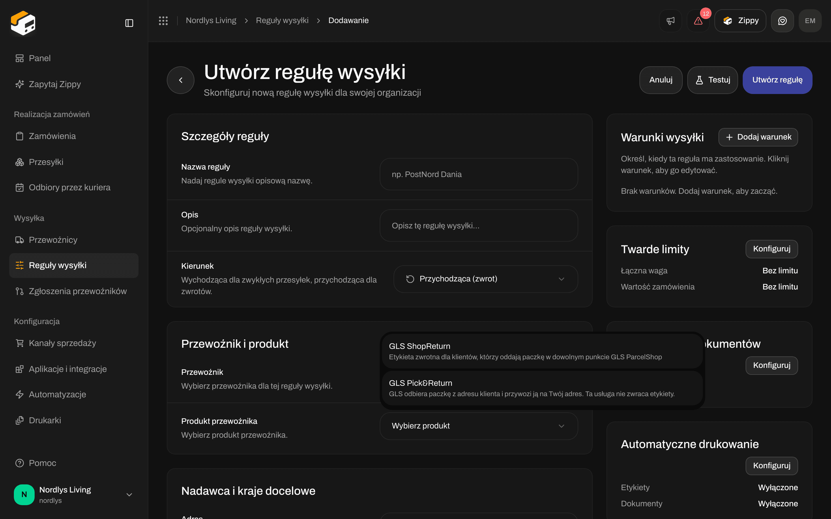 Utwórz regułę wysyłki z Kierunkiem Przychodząca (zwrot), GLS Denmark oraz GLS ShopReturn i GLS Pick&Return na liście produktów