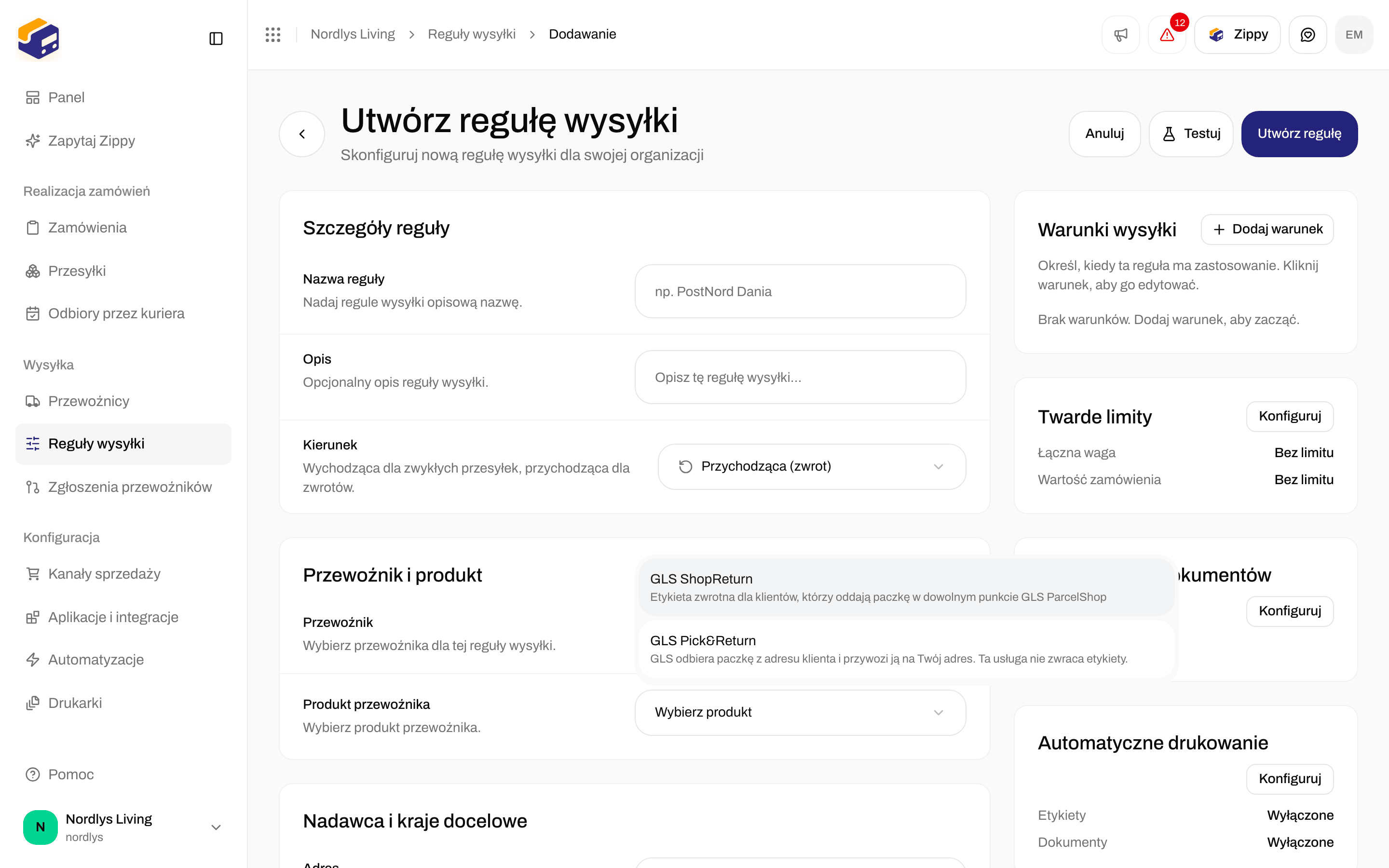 Utwórz regułę wysyłki z Kierunkiem Przychodząca (zwrot), GLS Denmark oraz GLS ShopReturn i GLS Pick&Return na liście produktów
