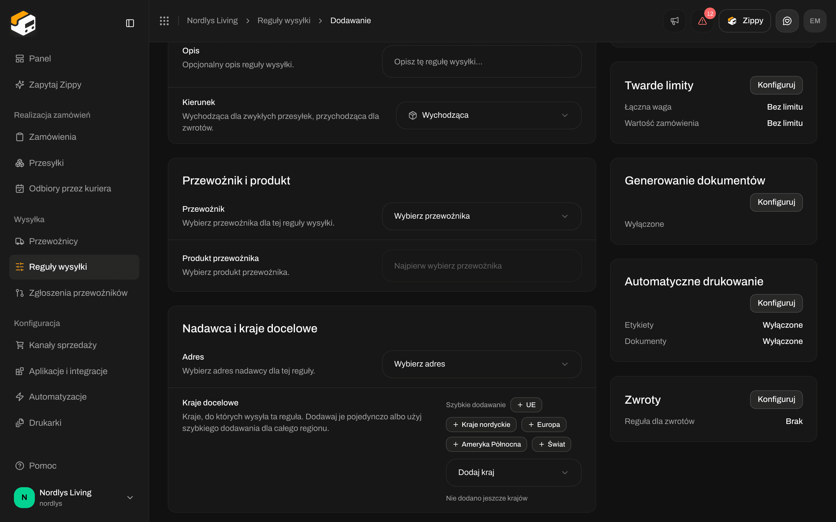 Sekcja Zwroty z Regułą wysyłki dla zwrotów ustawioną na Brak, pod Automatycznym drukowaniem