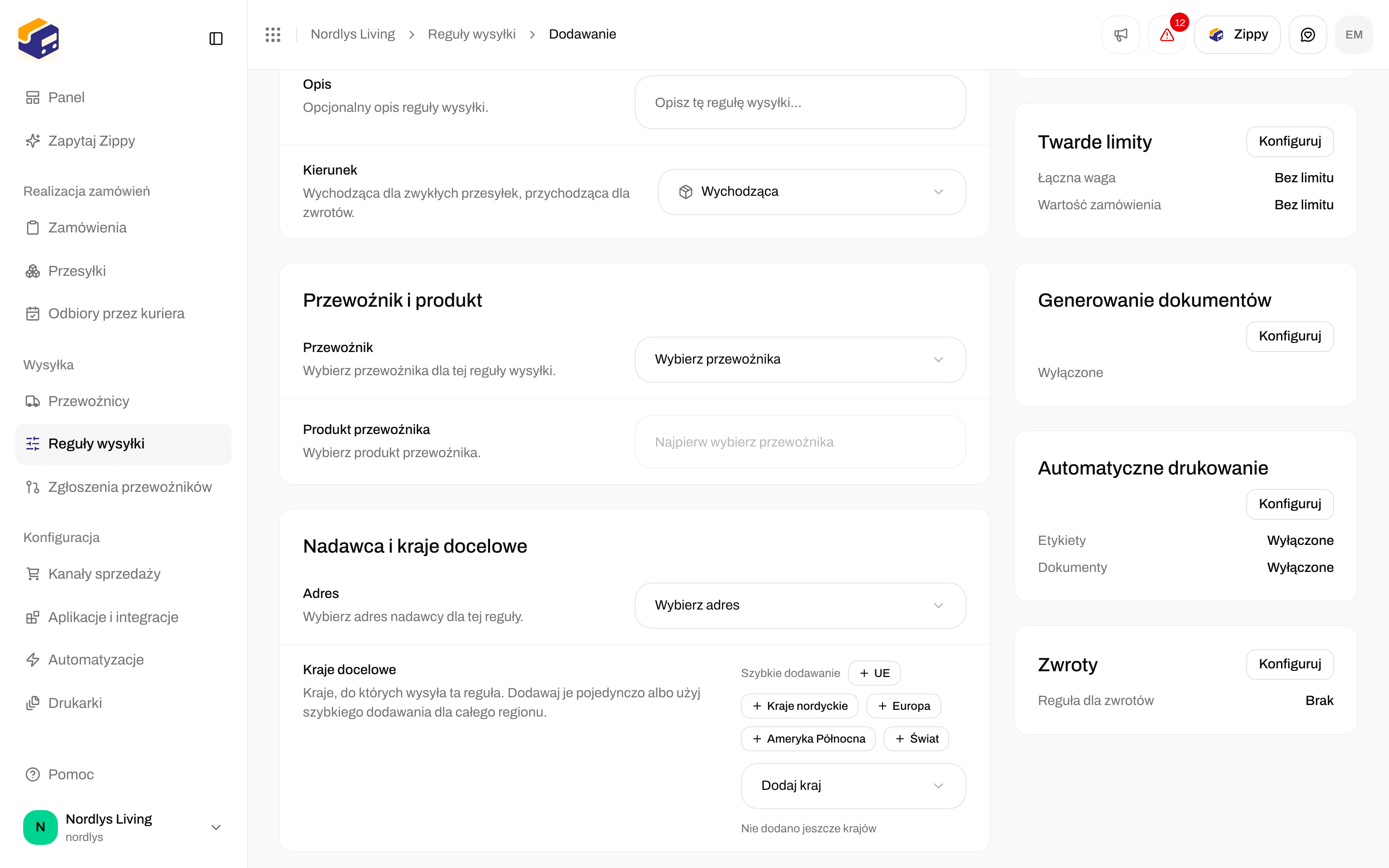Sekcja Zwroty z Regułą wysyłki dla zwrotów ustawioną na Brak, pod Automatycznym drukowaniem