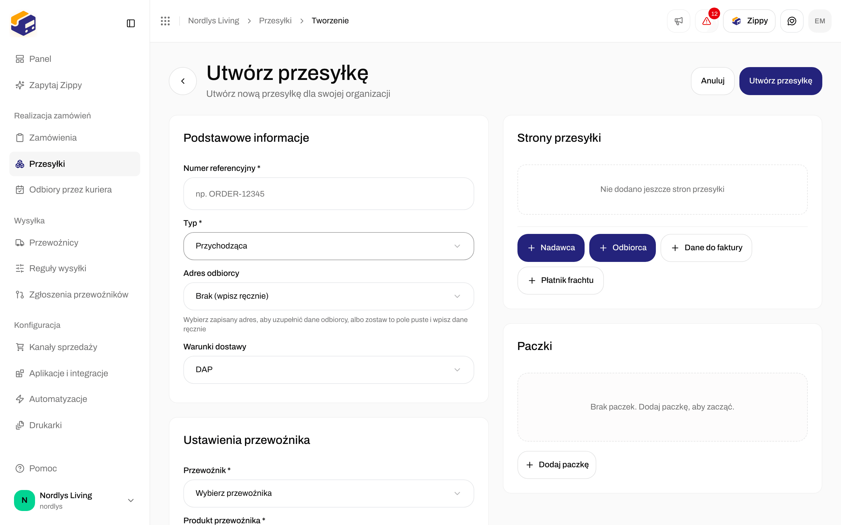 Formularz Utwórz przesyłkę z Typem Przychodząca i Adresem odbiorcy
