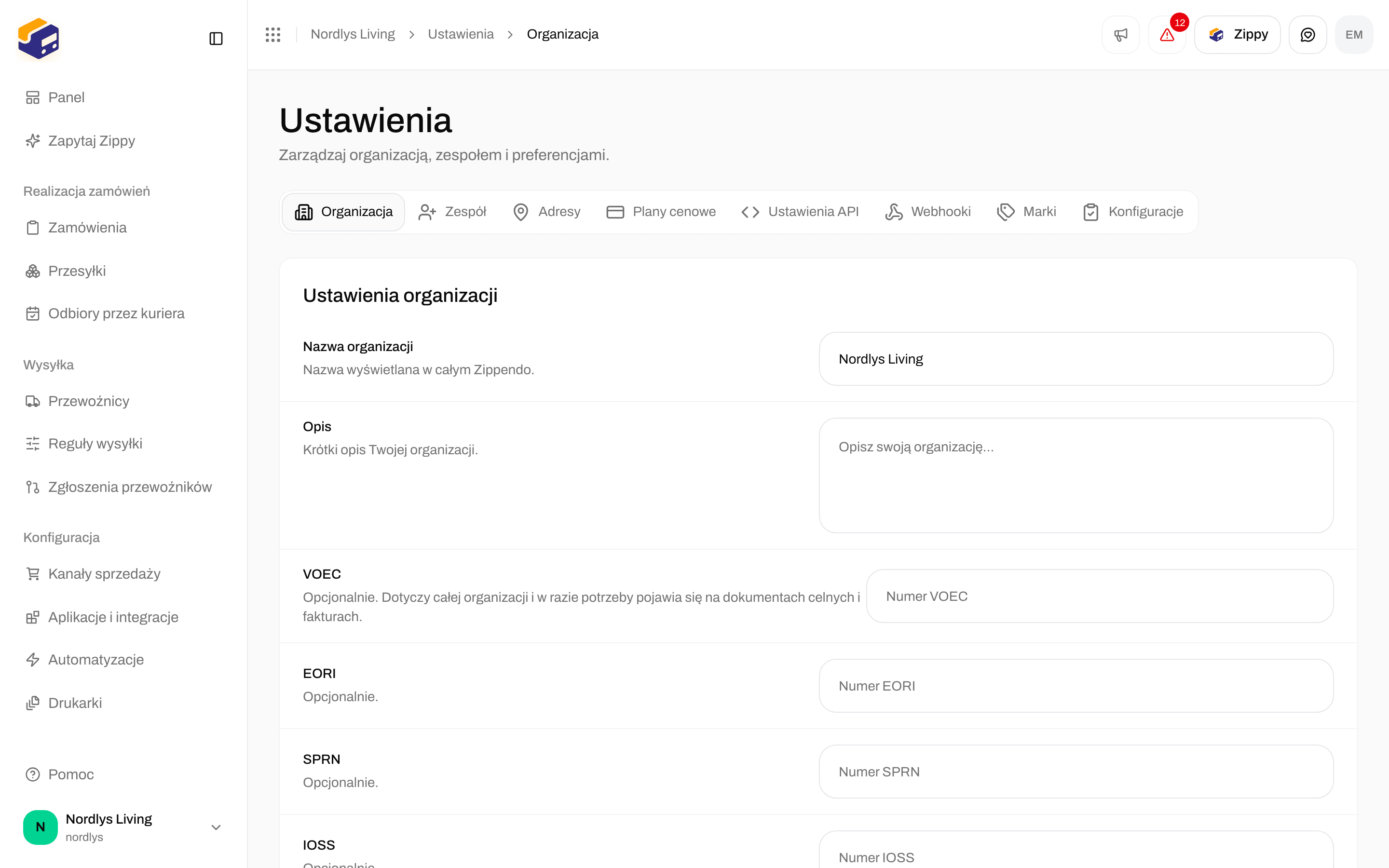 Ustawienia organizacji przykładowej organizacji z opcjonalnymi polami VOEC, EORI, SPRN i IOSS