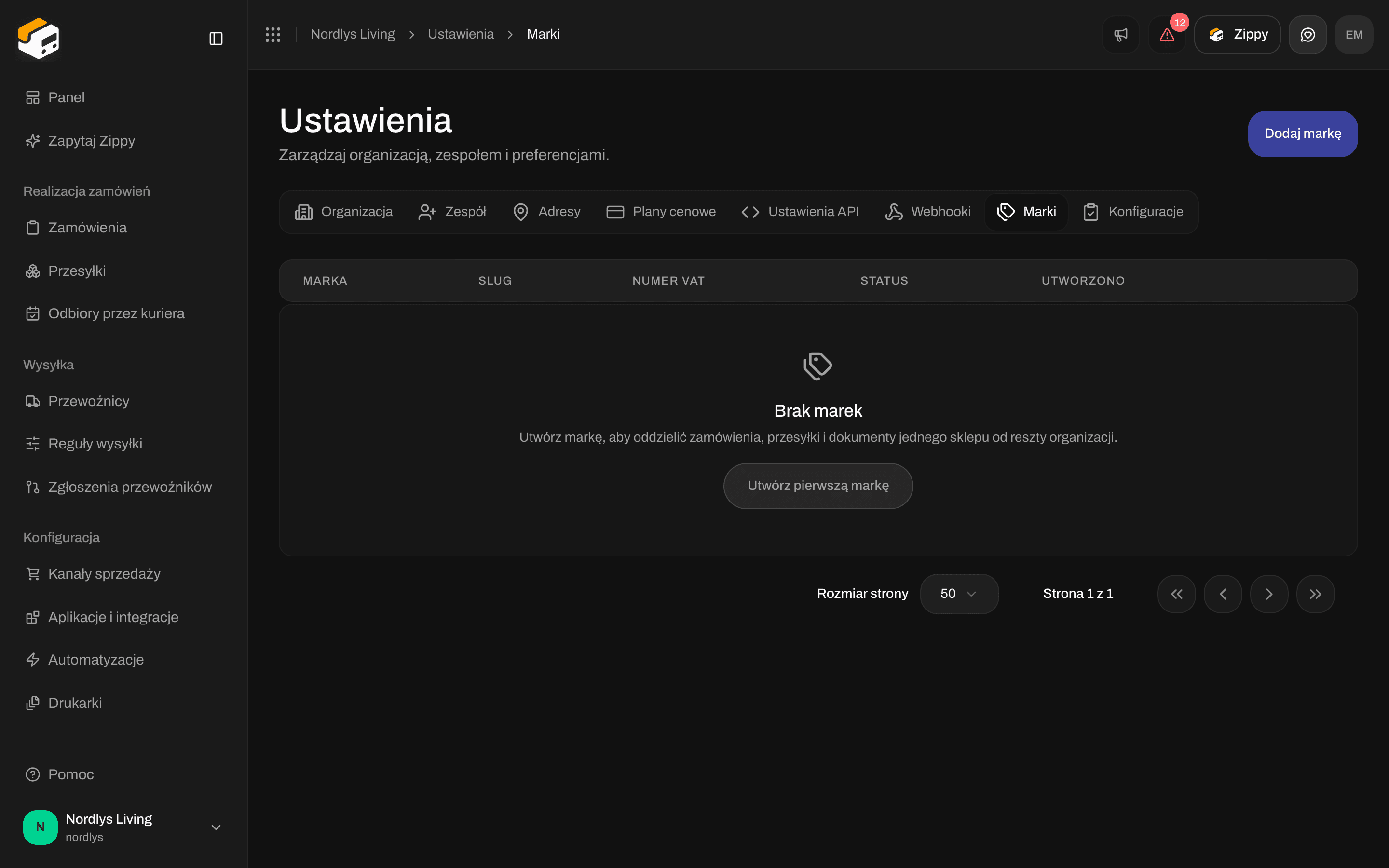 Pusty stan karty Marki z przyciskami Utwórz pierwszą markę i Dodaj markę
