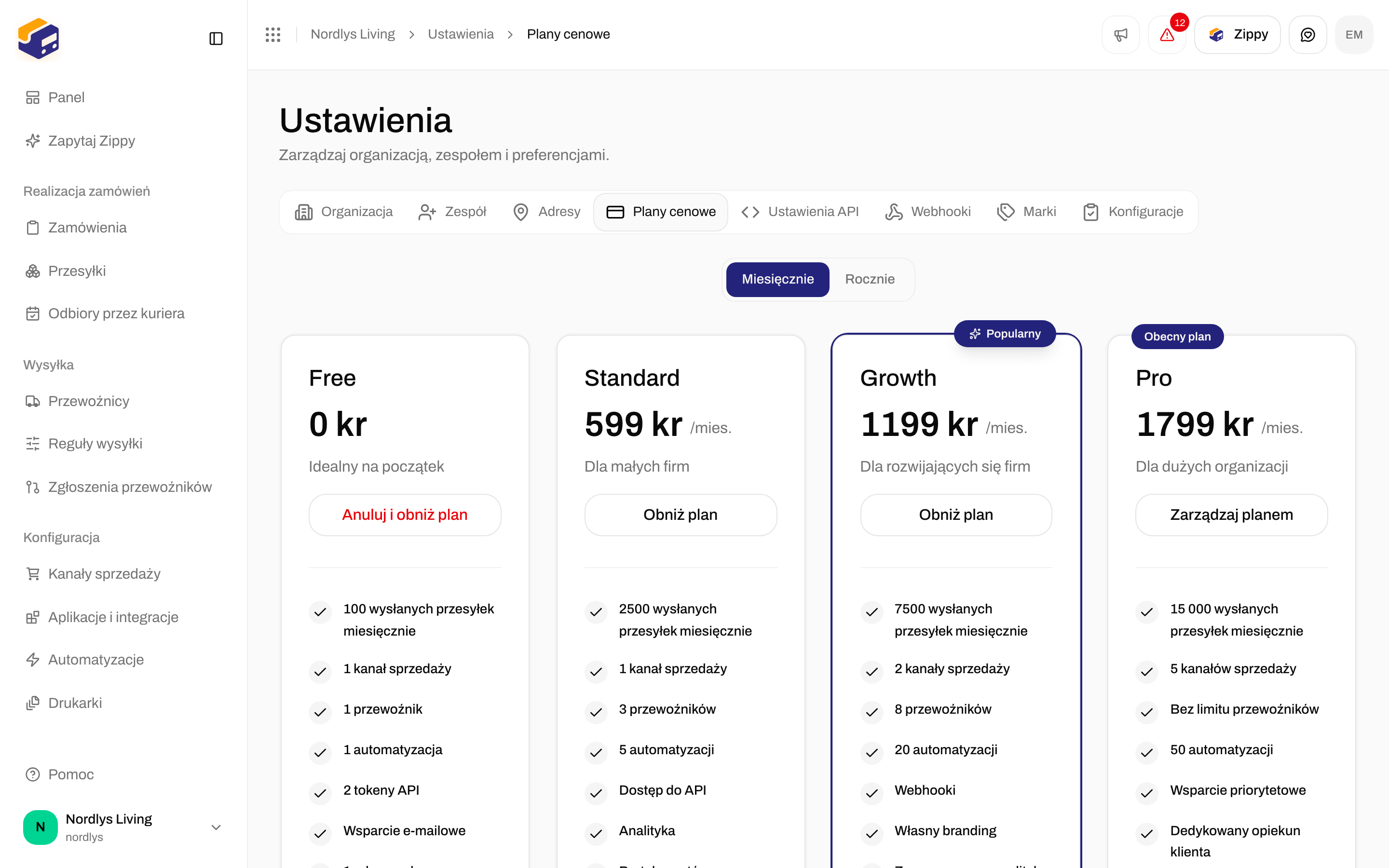 Plany cenowe z wybranym Miesięcznie i planem Pro oznaczonym jako Obecny plan